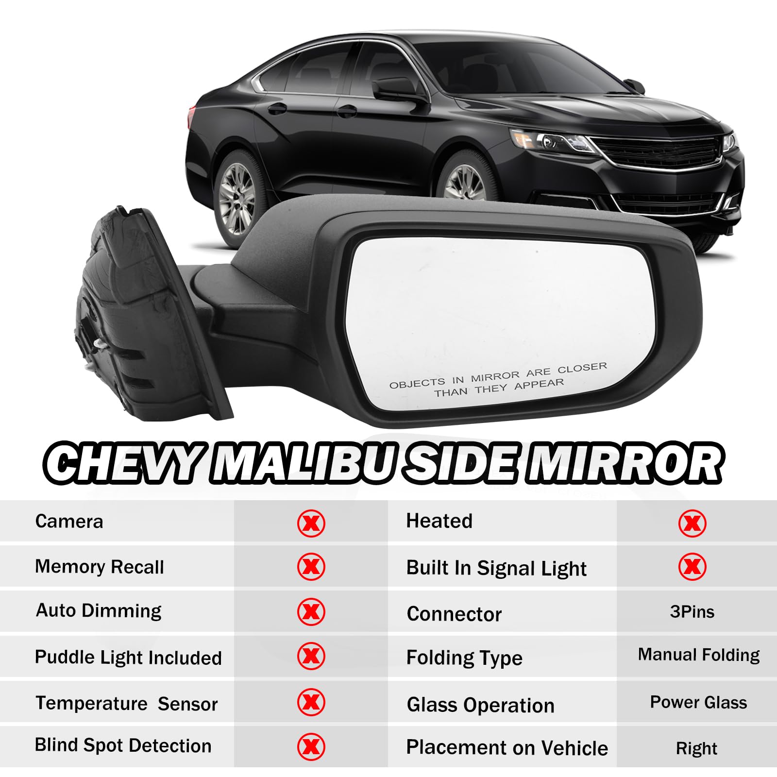 Passenger Side View Mirror Compatible With Chevy Malibu 2016 2017 2018 2019 2020 2021 2022 Mirrors Non Heated Without Signal Lig