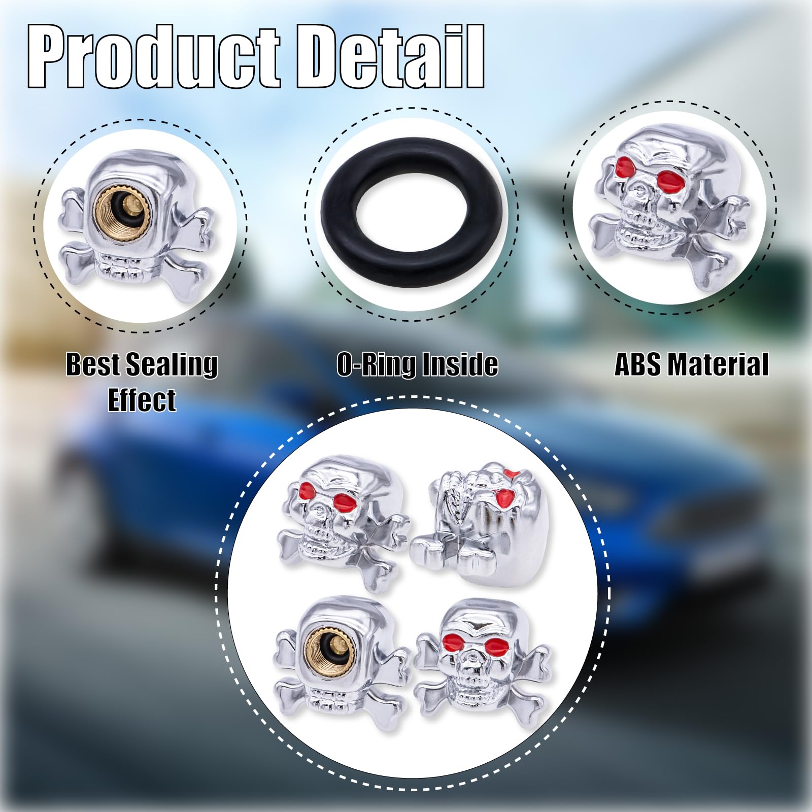 Meajoo 4Pcs Skull Style Tire Valve Stem Caps, Dustproof Wheel Valve Covers Accessories, With Rubber O-Ring, Universal For Cars,