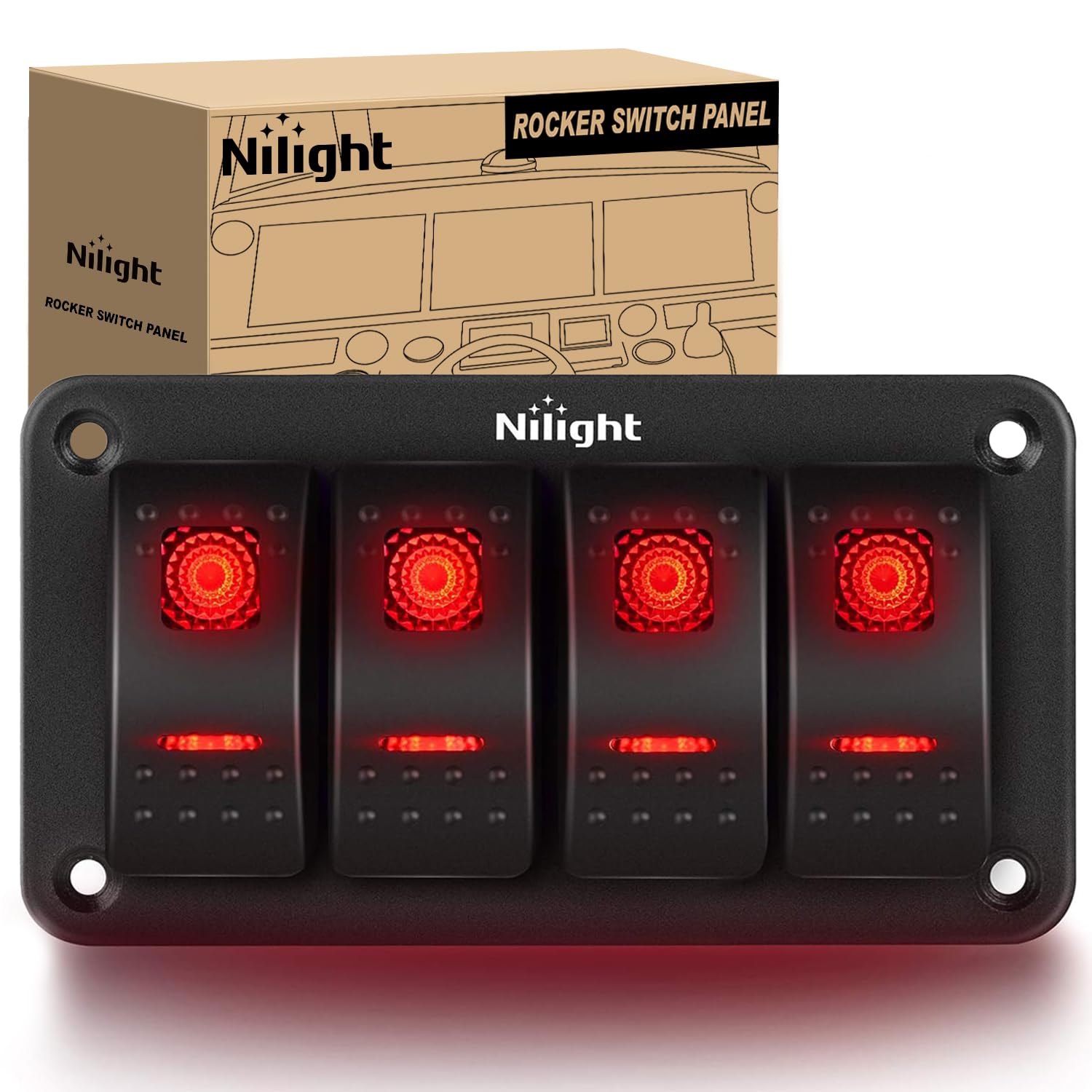 Nilight 4 Gang Rocker Switch Panel 5Pin On Off Toggle Switch Aluminum Holder 12V 24V Dash Pre-Wired Red Backlit Switches For Aut