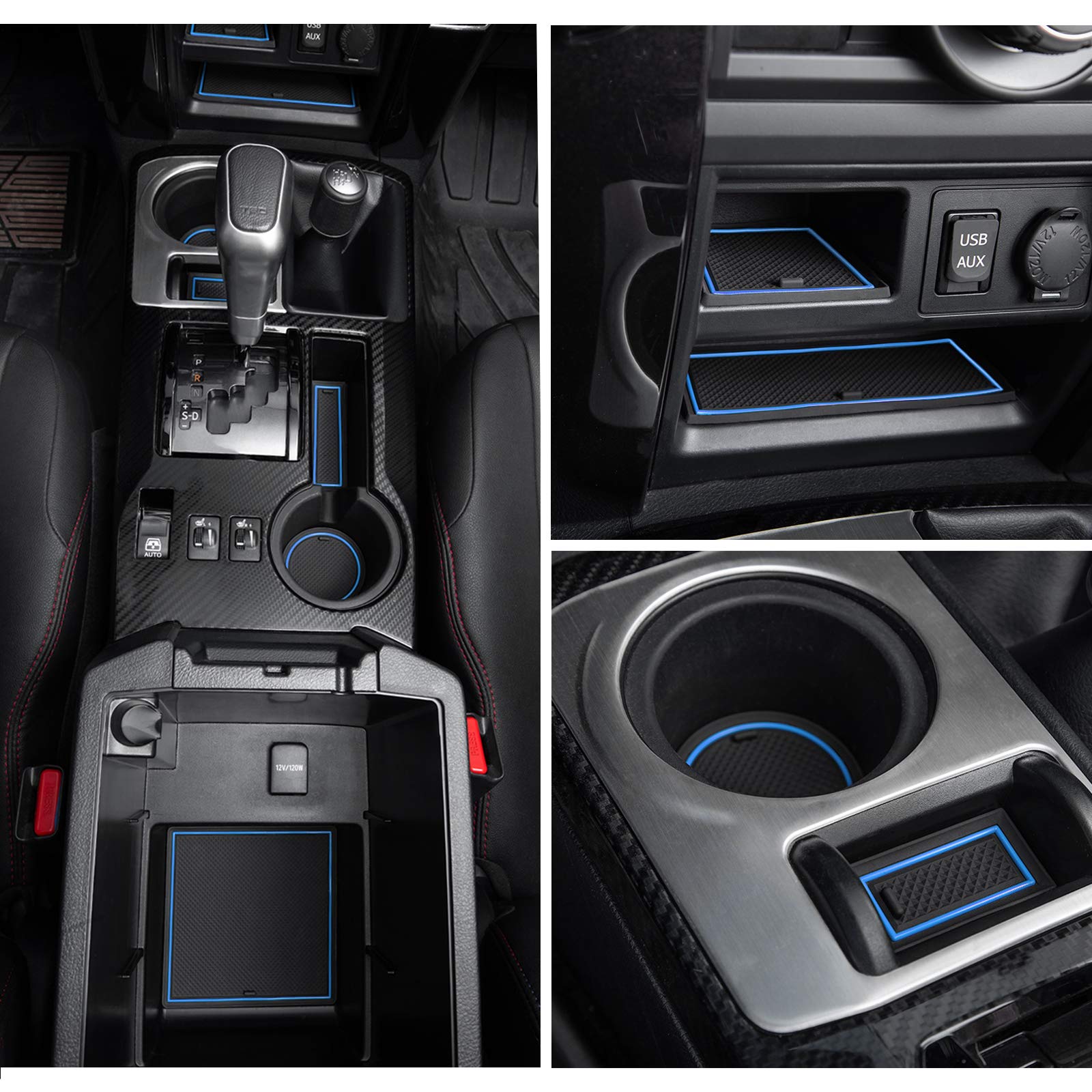 Jdmcar Premium Cup Holder, Console, And Door Pocket Inserts Kit Compatible With 2023 Toyota 4Runner 2010-2019 2020 2021 2022 - Custom Liner Accessories (2 Row, Blue Trim)-27Pc Set