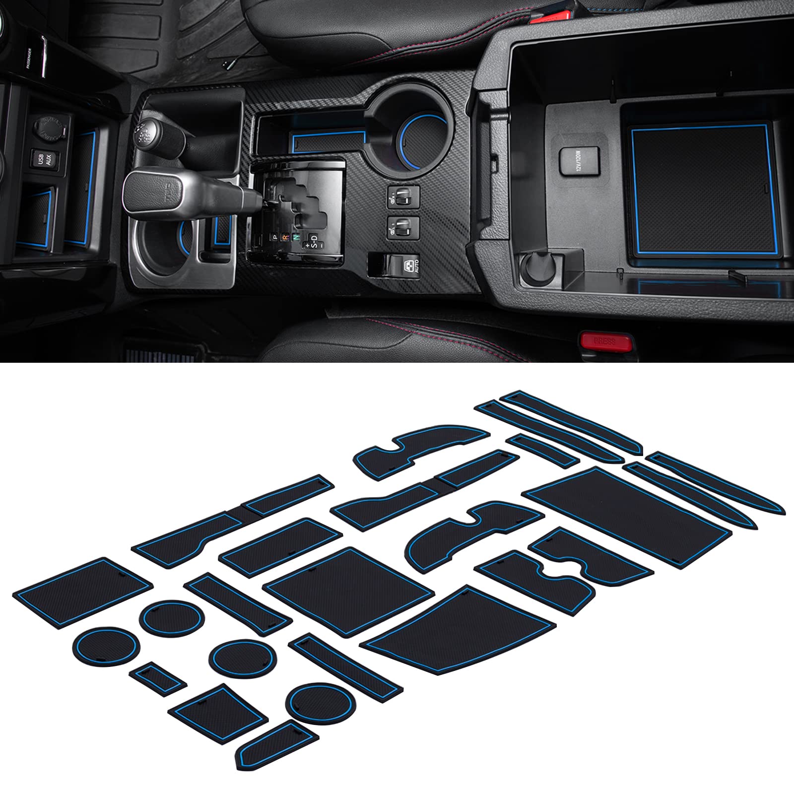 Jdmcar Premium Cup Holder, Console, And Door Pocket Inserts Kit Compatible With 2023 Toyota 4Runner 2010-2019 2020 2021 2022 - Custom Liner Accessories (2 Row, Blue Trim)-27Pc Set