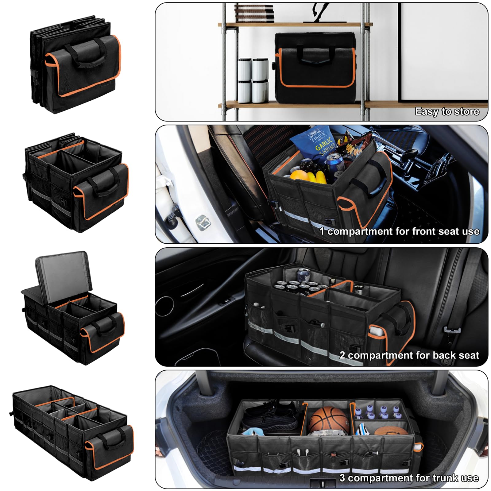 Car Trunk Organizer and Storage with Lid & Removable Leakproof Cooler Bag, Car Accessories 6 Removable Dividers for Custom Space