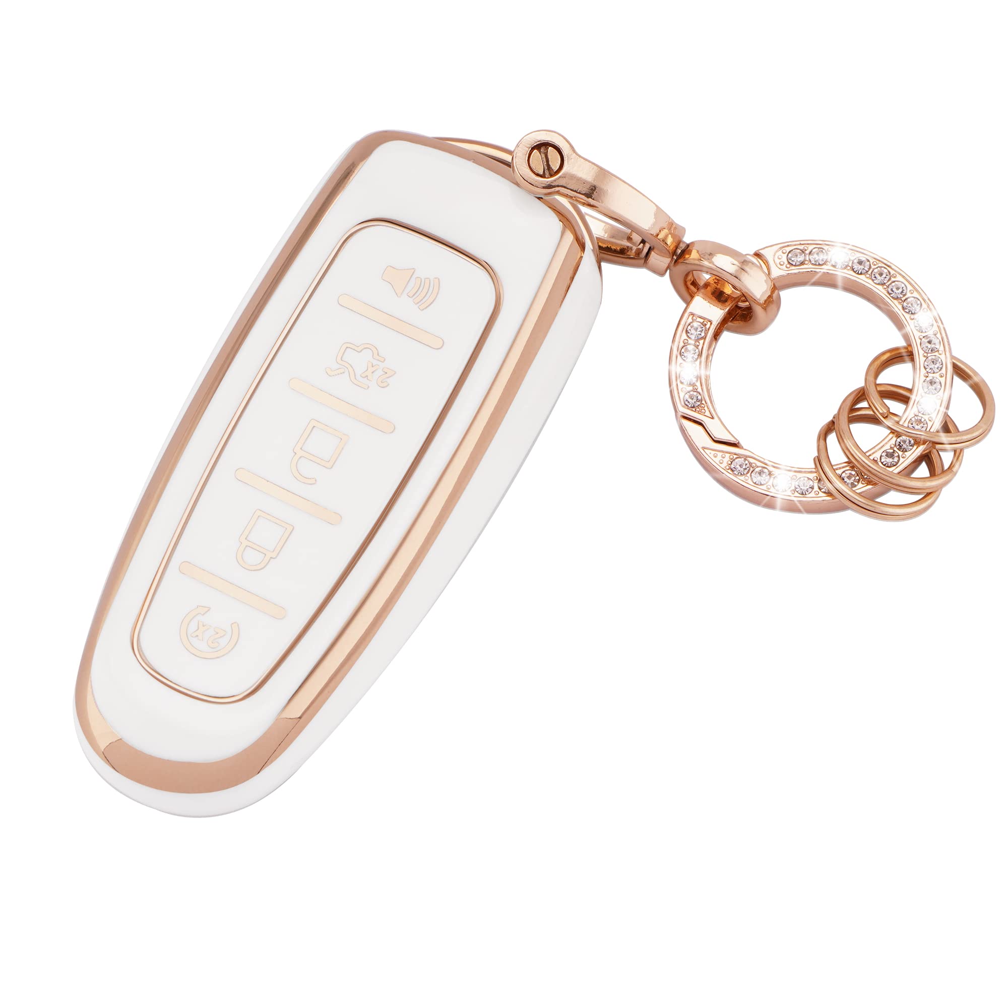 EKALA for Ford Key Fob Cover with Bling Keychain, 5 Buttons Soft TPU Keys Shells White Key Fob Cover Compatible with Ford Edge F