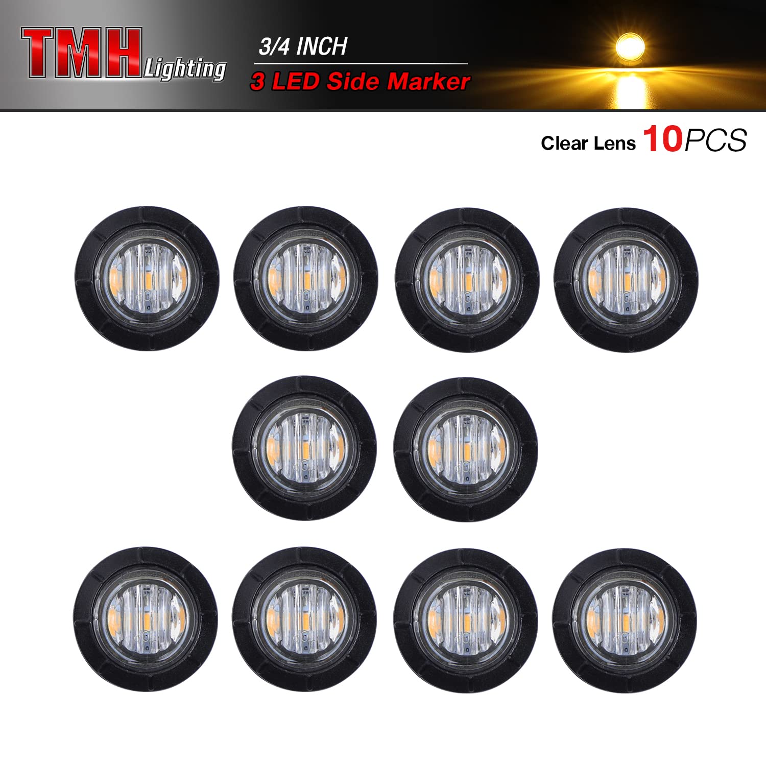 Tmh 3/4 Inch Clear Lens Amber 3 Led Clearance Side Marker Indicator Lights Round Mini Lamp With Rubber 12V Dc For Truck Lorry To