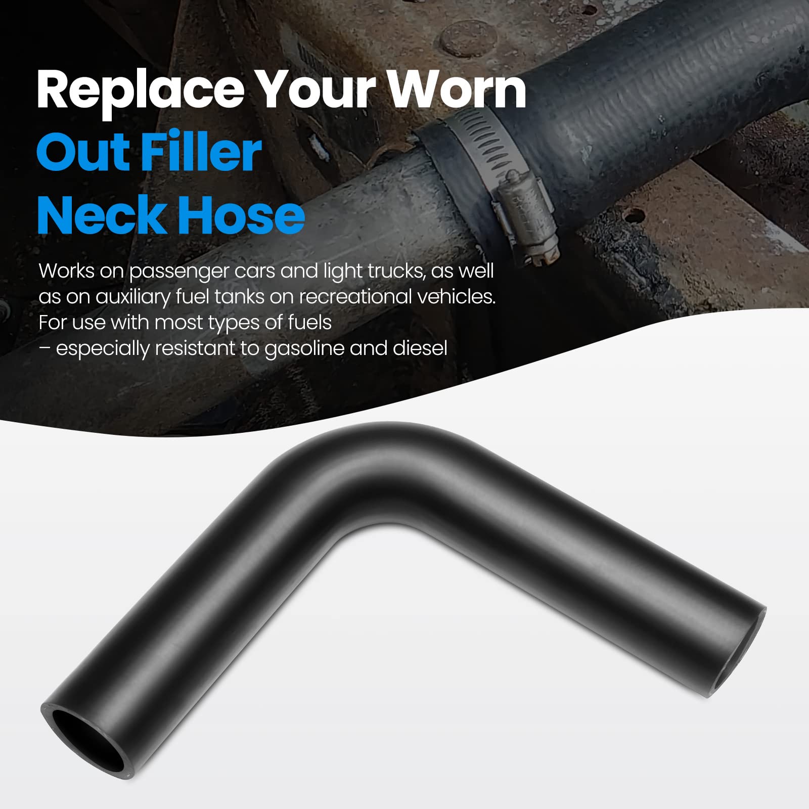 Tkkeuep Gasoline Fuel Filler Neck Hose With 4 Clamps, 1 Inch Id, Reinforced Gas Tank Filler Hose (90 Degree)