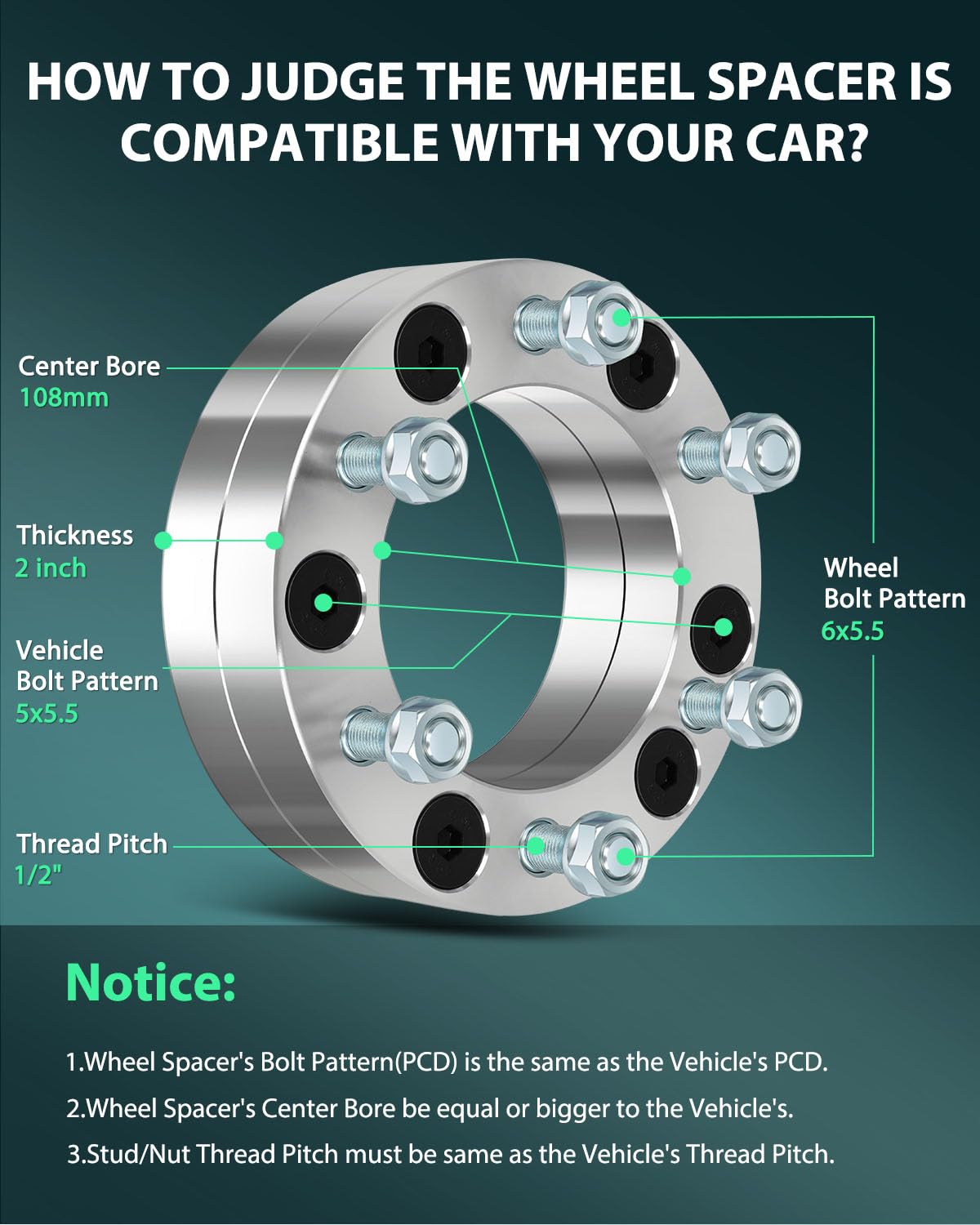 SCITOO 4Pcs 5x5.5 to 6x5.5 Wheel Adapters 2 inch Bore 108mm Studs 1/2'' 5 Lug Wheel Spacers No Hubcentric Fit for Ford E-150 200