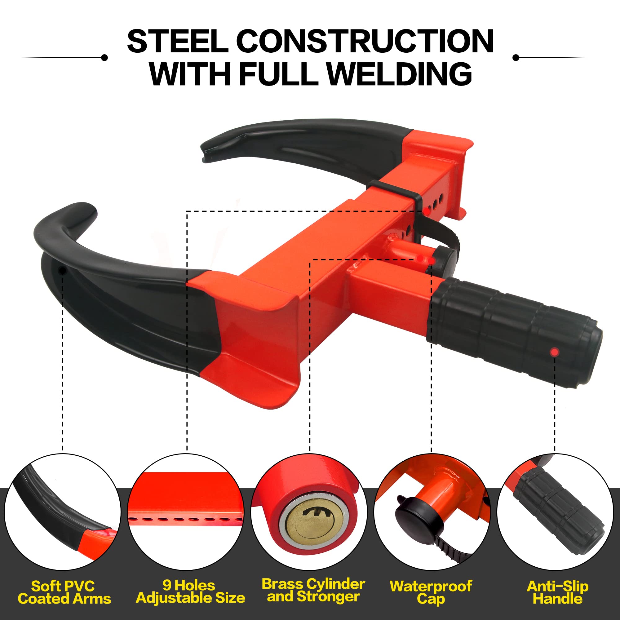 KAYCENTOP Wheel Clamp Lock - Anti Theft Tire Lock for SUVs, Trailers, Boats, ATVs - Fits Max 10" Tire Width - Red/Black - Model L2019