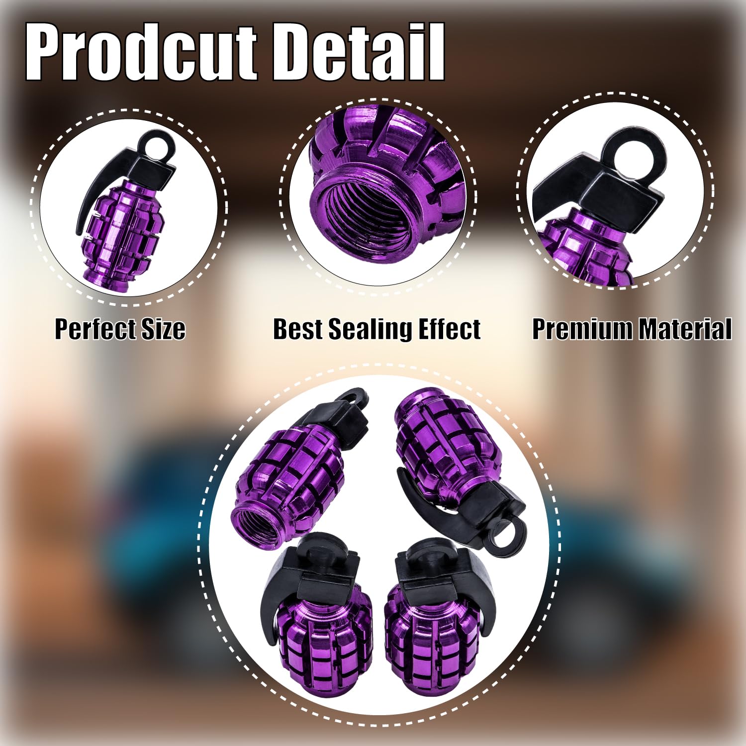 Meajoo 4 Pcs Chrome Grenade Tire Valve Stem Caps, Stainless Steel Tire Valve Caps Wheel Valve Caps For Cars,Trucks, Suv, Motorcy