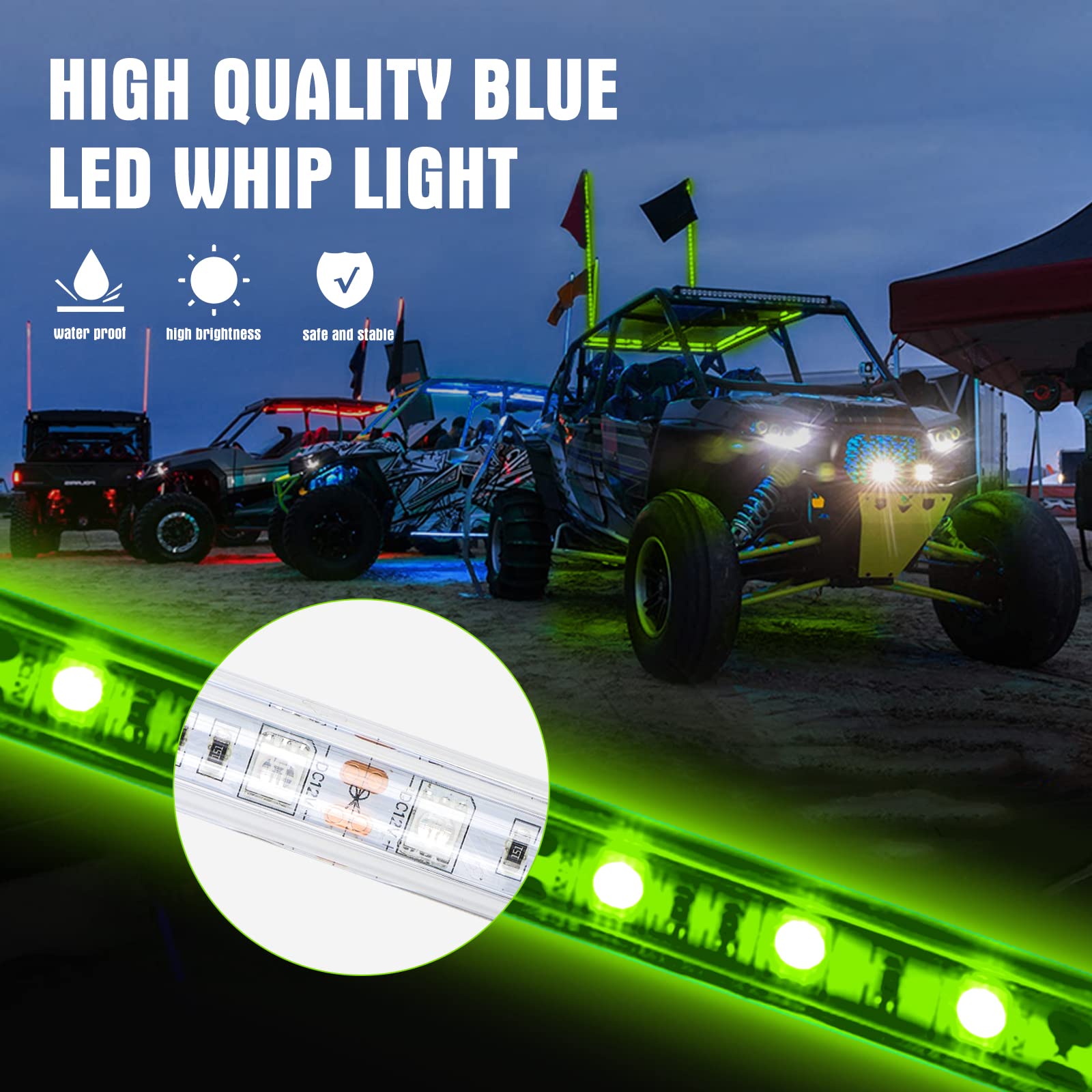 2PCS 1.2M Green LED Whip Light for Truck, BESTZHEYU 4FT ATV UTV LED Whip Light Antenna Whips for RZR Polaris Off-Road Sand Dune