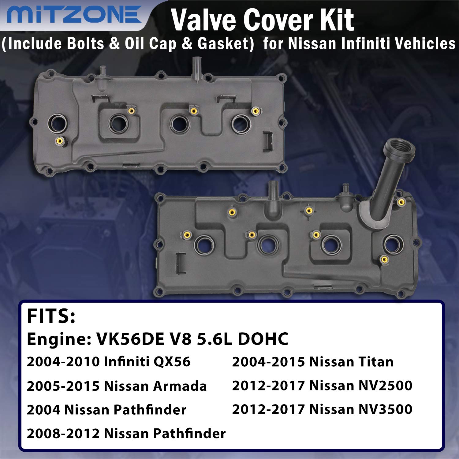 Valve Cover Set With Bolts & Oil Cap & Gaskets & Spark Plug Tube Seals & Pcv Valve Compatible With 2004-2016 Nissan Armada Nv2500 Nv3500 Pathfinder Titan Infiniti Qx56 5.6L # 13264-Ze01A 13264-Ze00A…