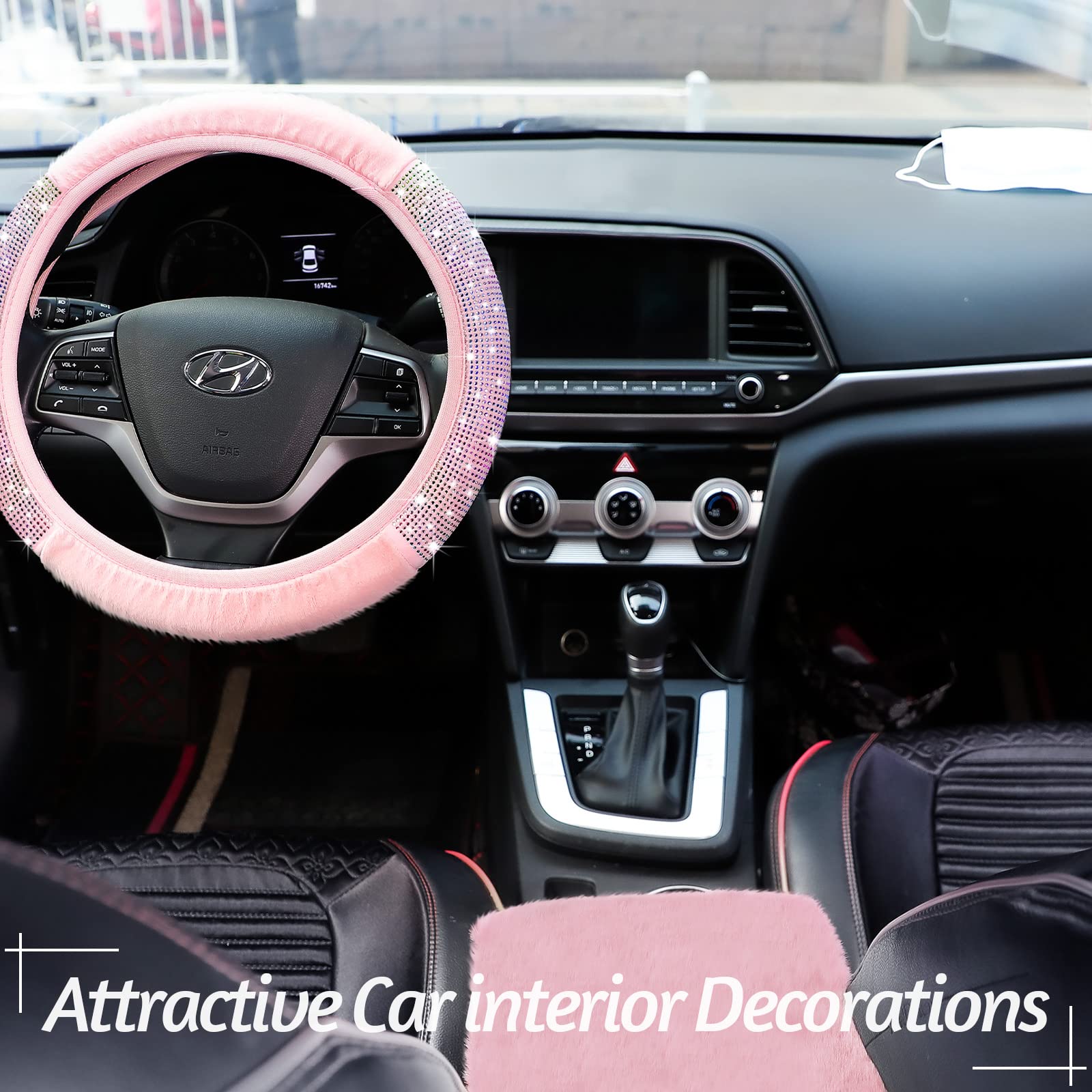 7 Pcs Pink Bling Pink Steering Wheel Cover Set Fluffy Car Accessories For Women Includes Rhinestone Seat Belt Covers And 2.75 Inch Bling Car Cup Holders Fuzz Gear Shift Cover Crystal Push Start Button