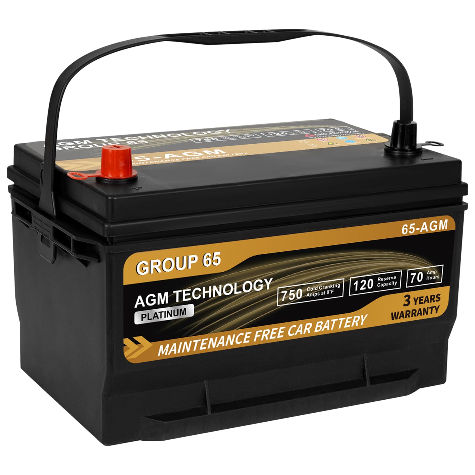 Daakmax Platinum AGM Car Group 65 Battery - 12V 70Ah, 750 CCA, 120 RC, Rechargeable Start-Stop Automotive Battery with 36-Month 