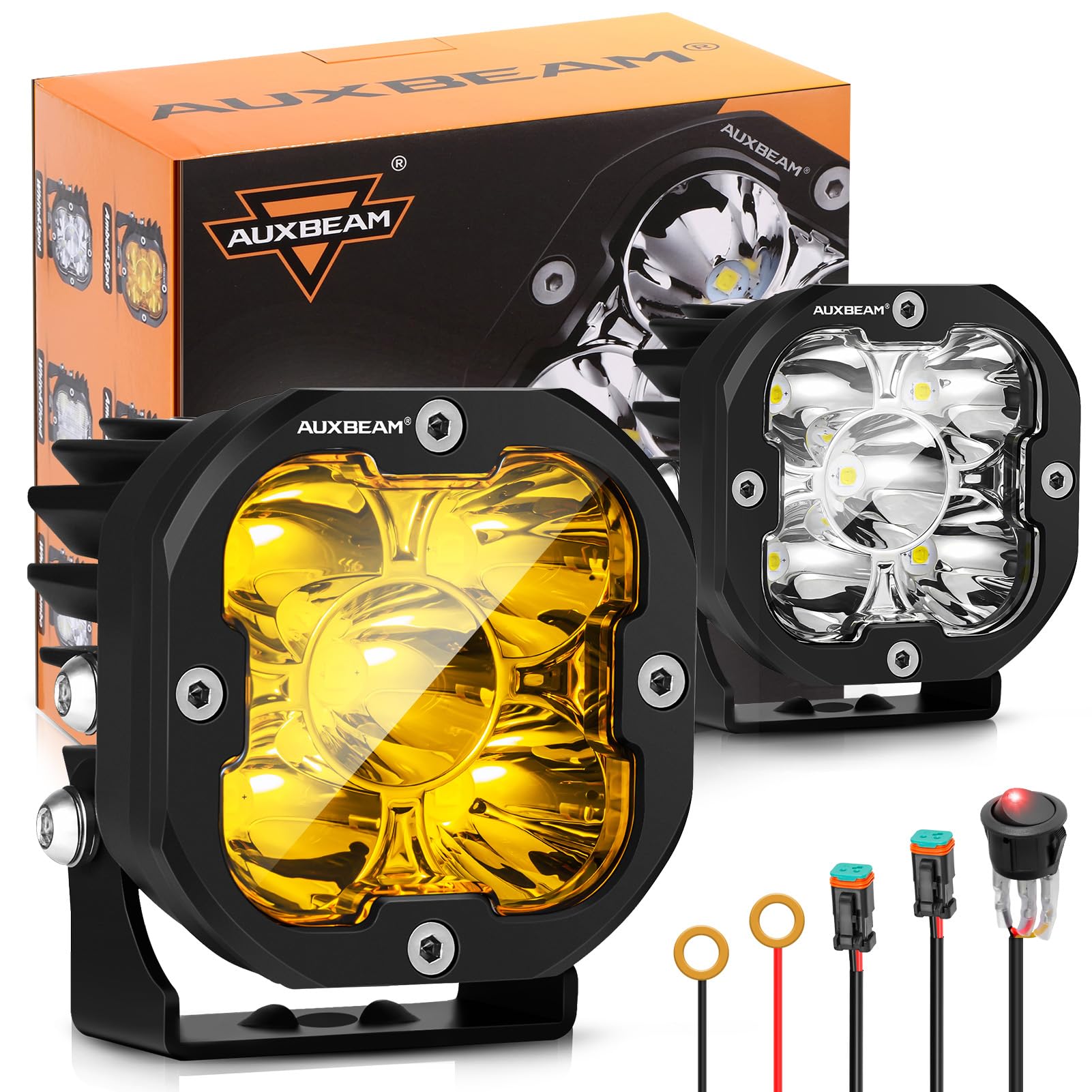 Auxbeam Xp-Ultra Series Hyperspot Led Pod Lights, 3 Inch 80W 9600Lm Spot Beam Offroad Lights, Amber White Lens Covers, 30 Spotli