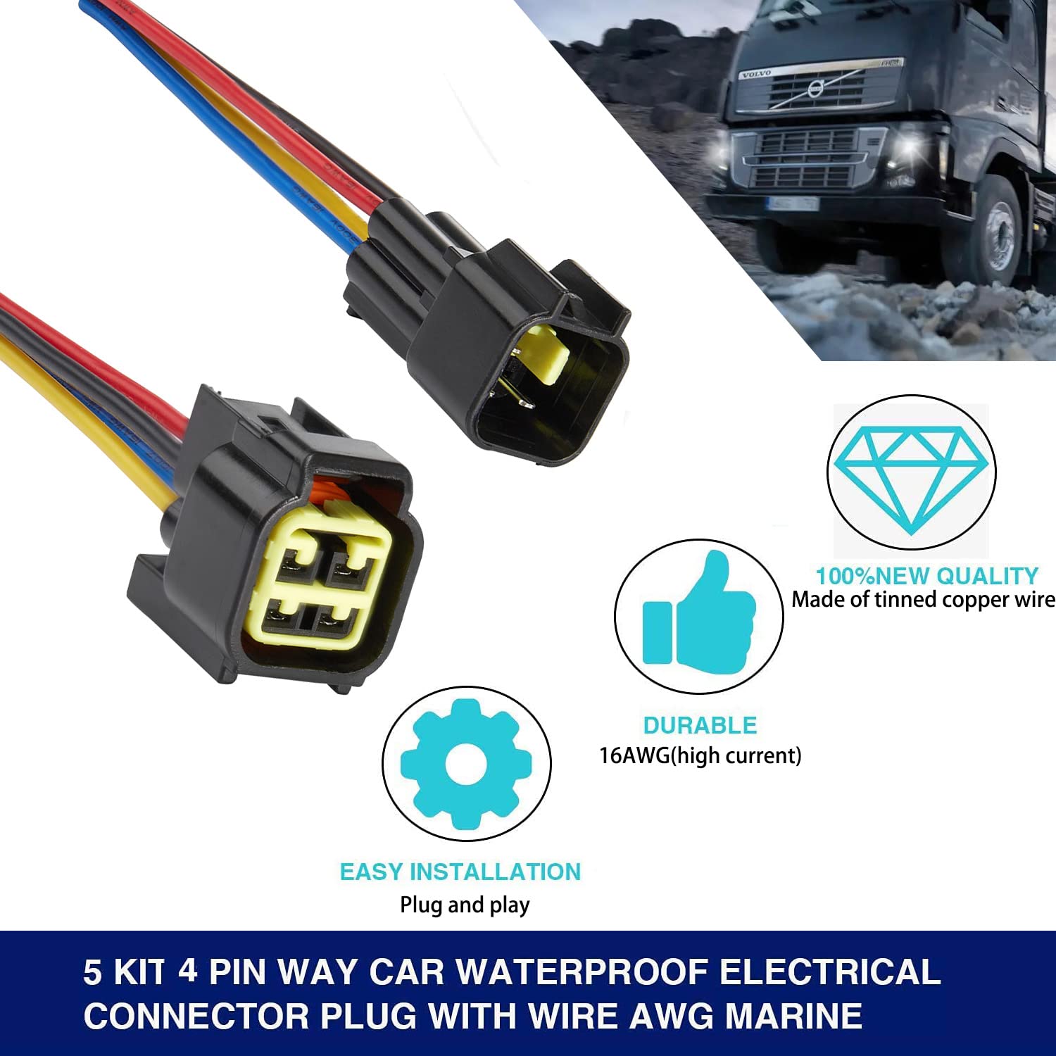 ZHOFONET 4 Pin Waterproof Connector,Waterproof Electrical Car Auto Wire Connector,16AWG Male Female Quick Disconnect Wire Connec