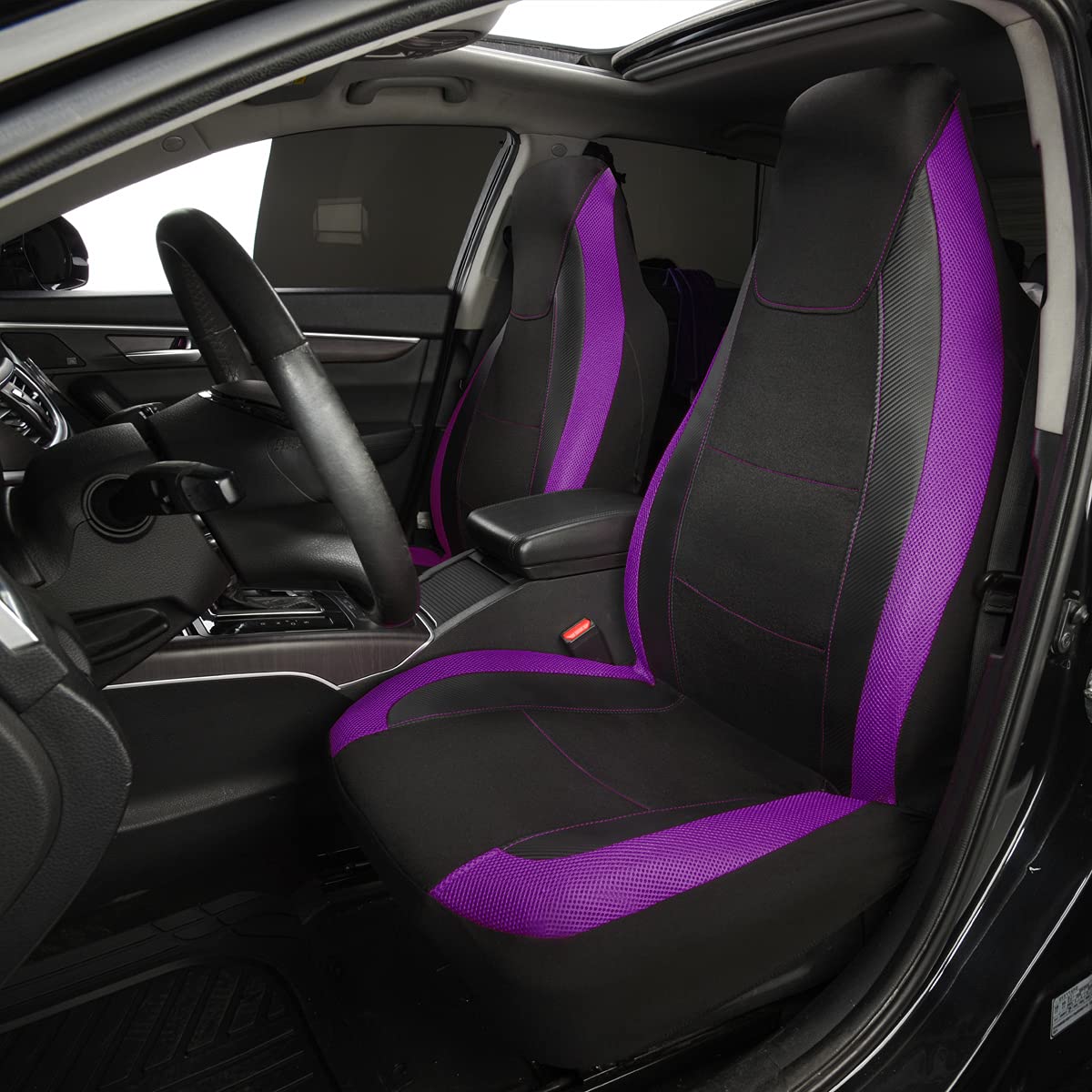 Flying Banner Car Seat Covers Quality Carbon Fiber Faux Leather Mesh Fabric Sport Low High Back Bucket Back Pocket Arm Rest Car Suv Truck Pick Up (2 Fronts - High Bucket, Purple)