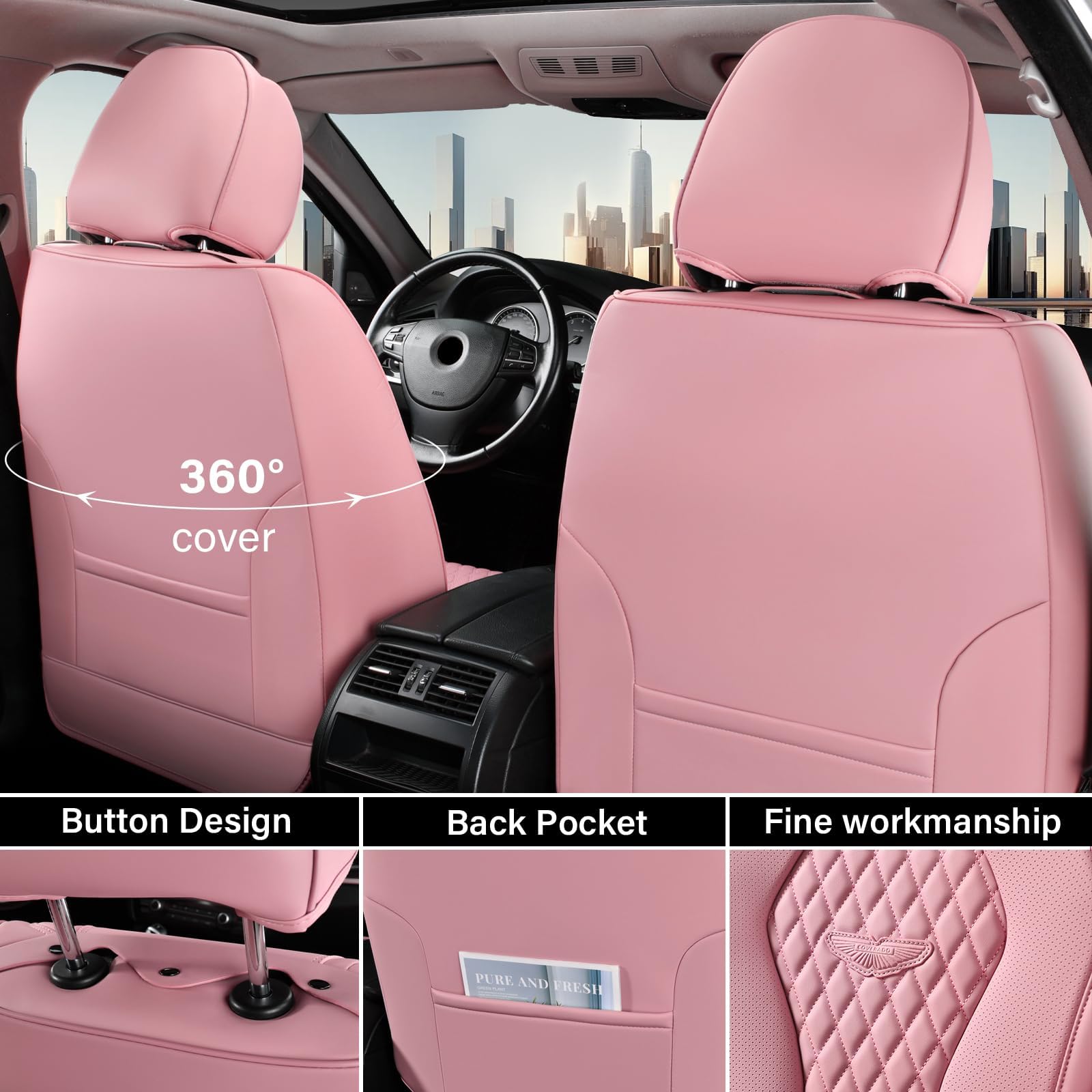 Coverado Car Seat Covers For Front Seats - Pink, Waterproof, Leatherette Cushion Protector - Universal Fit For Most Cars