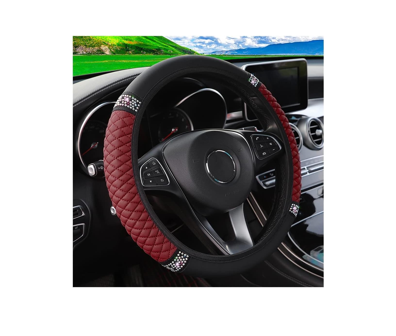 Aukepo Bling Leather Steering Wheel Cover Protector, Elastic Pu Leather With Colorful Rhinestones Crystal Diamond, Sparkling Acc