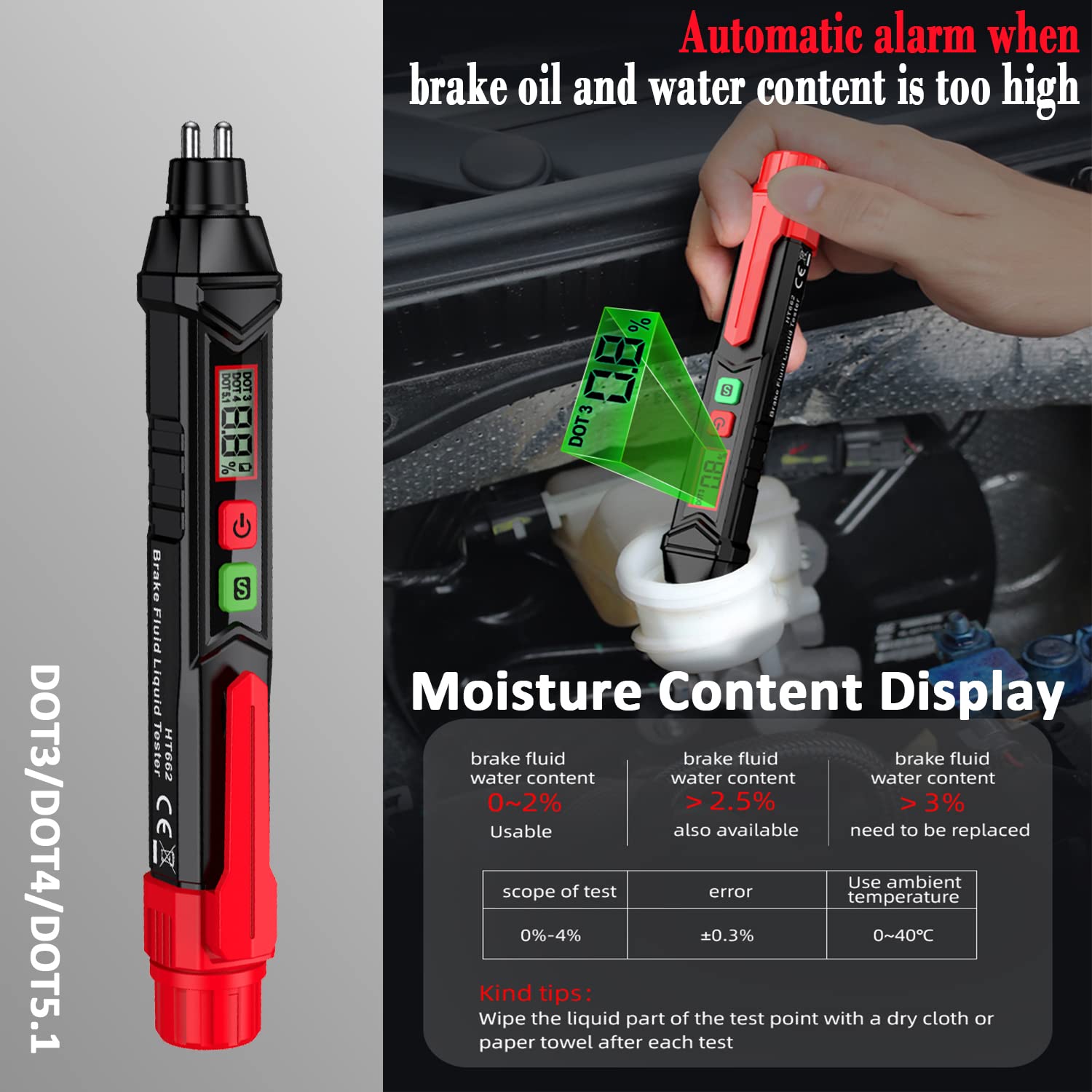 Brake Fluid Tester Pen, Automotive Brake Fluid Moisture Tester, Vehicle Brake Diagnostic Testing Tool, Hydraulic Fluid Liquid Tester Pen Oil Moisture Tester Analyzer Meter For Dot3 Dot4 Dot5.1