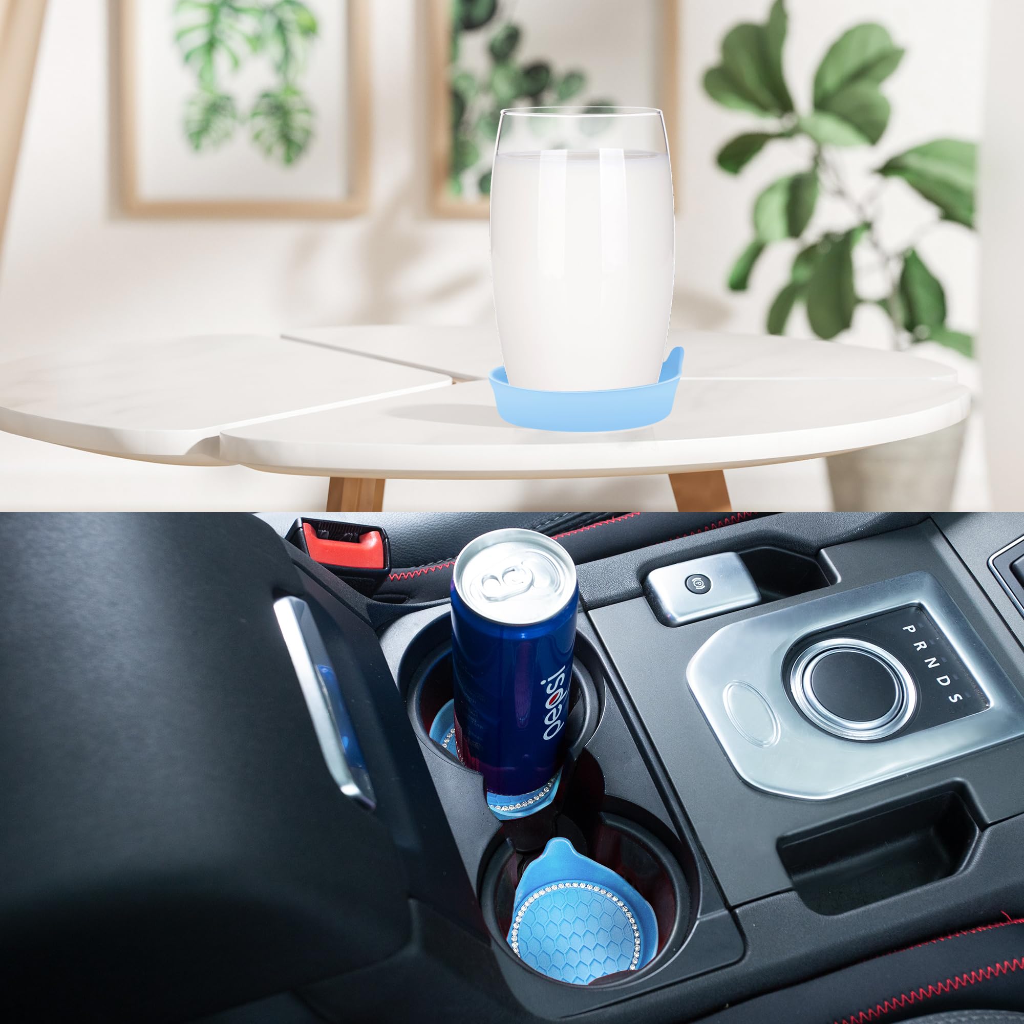 Amooca Car Cup Coaster Universal Non-Slip Cup Holders Bling Crystal Rhinestone Car Interior Accessories 4 Pack Light Blue