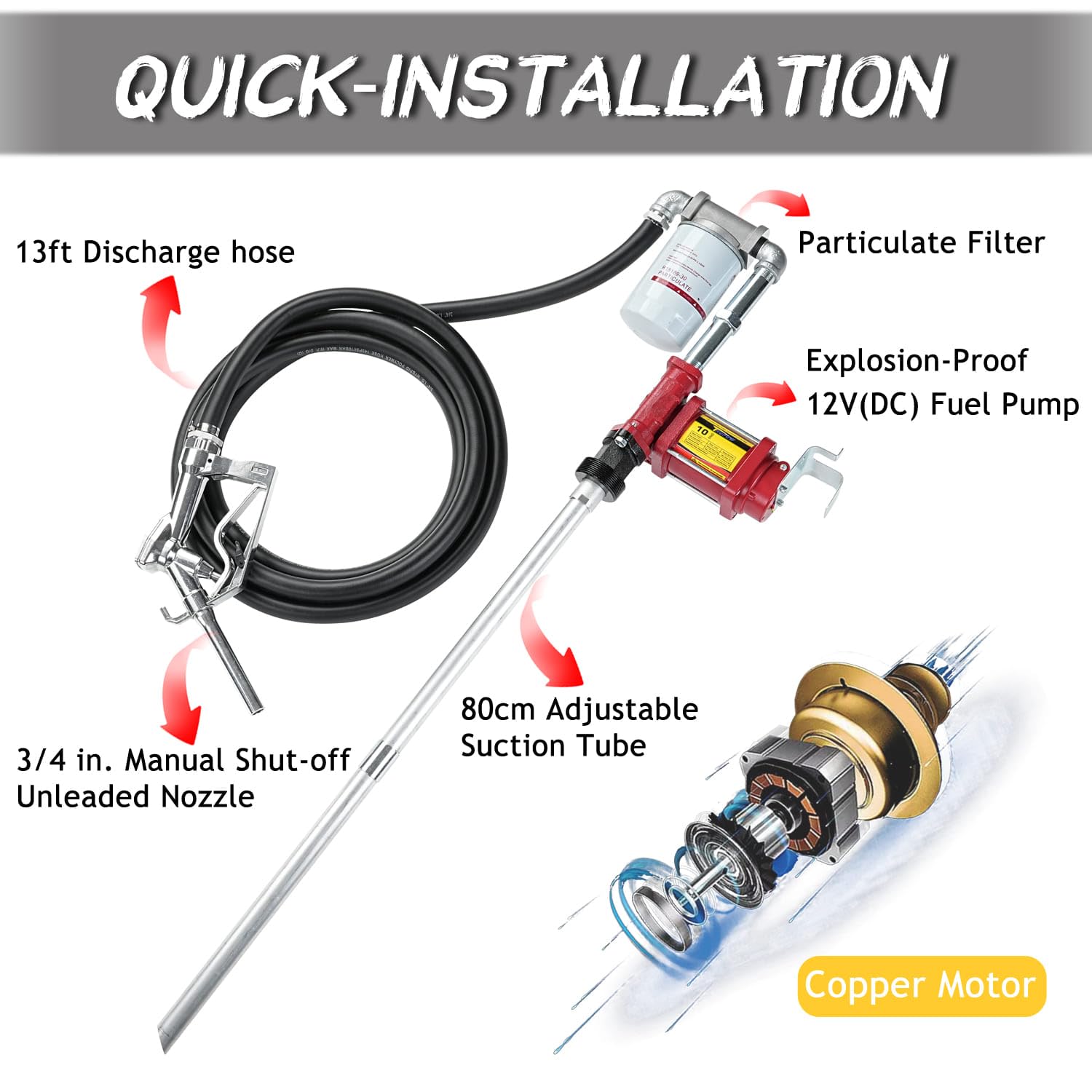 Trupow 12V Dc 10Gpm Self-Priming Gasoline Diesel Oil Fuel Transfer Explosion-Proof Pump Kit With With Particulate Filter And Noz