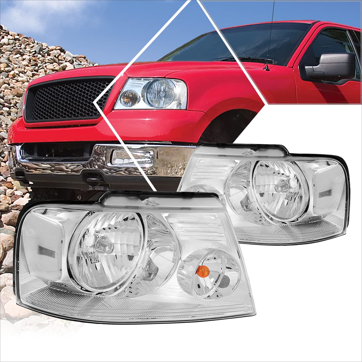 2Pcs Replacement Headlights Assembly Compatible With Ford F150 04-08/Lincoln Mark Lt 06-08,Chrome Housing/Clear Corner