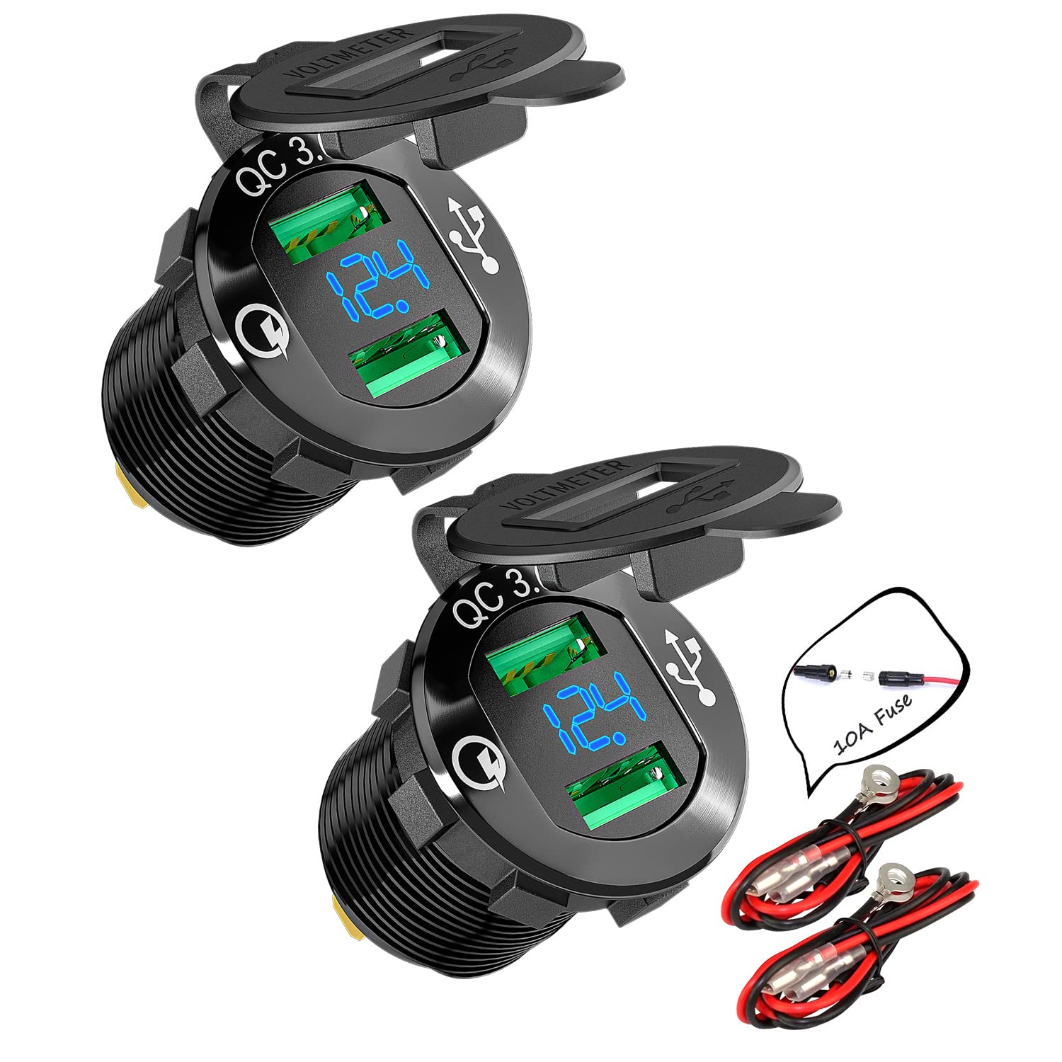 Daiertek 12V Dual Usb Charger Socket For Automotive Car Marine Rv Rzr Boat Atv Bus Truck, Quick Charge 3.0 Waterproof With Blue Led Voltmeter And Wire Fuse Diy Kit - 2Pcs