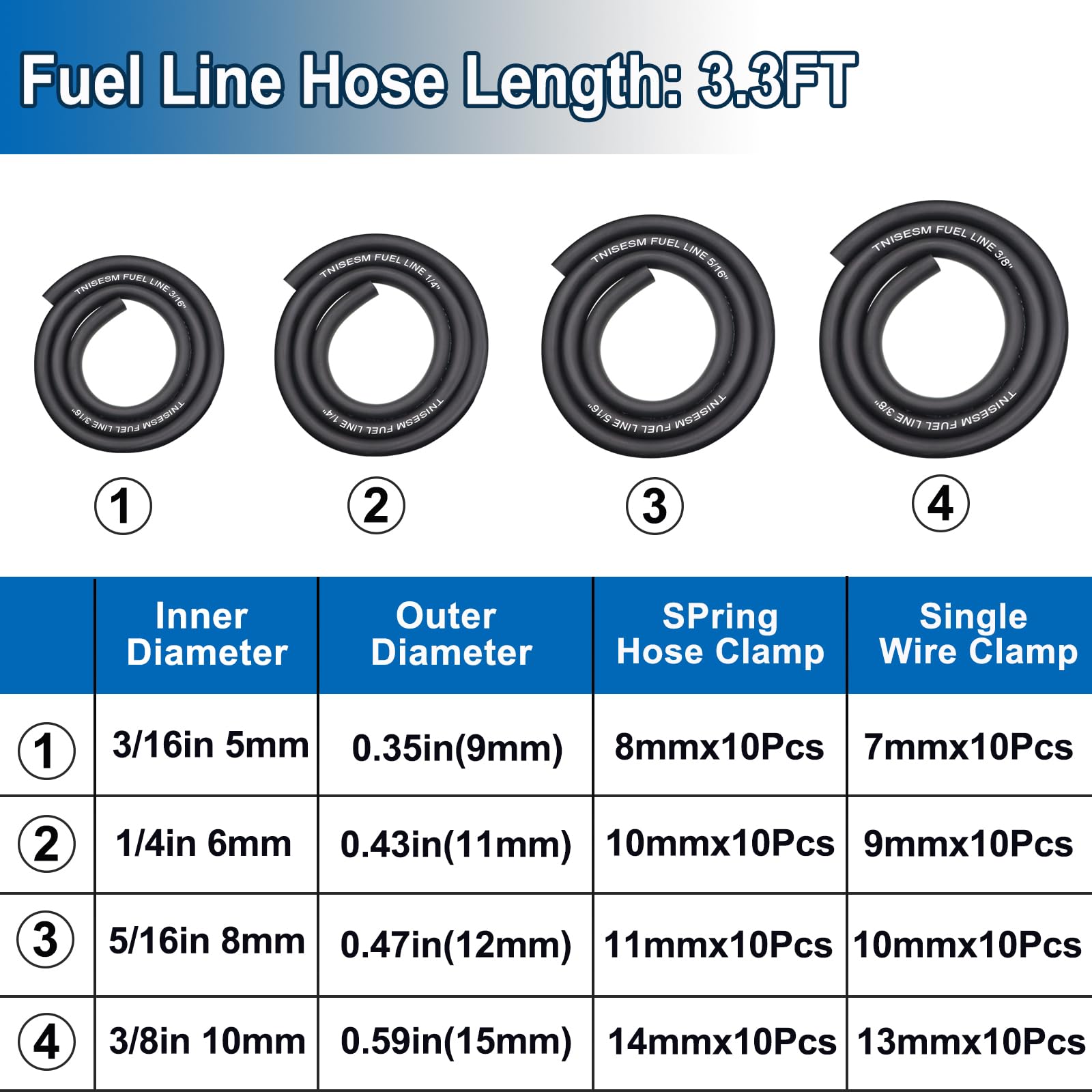 Tnisesm 4 Size Fuel Hose Line - 3/8'' 5/16'' 1/4'' 3/16'' Id Fuel Line Gas Tube Hose 3-Feet With 40Pcs Clamps For Small Engines