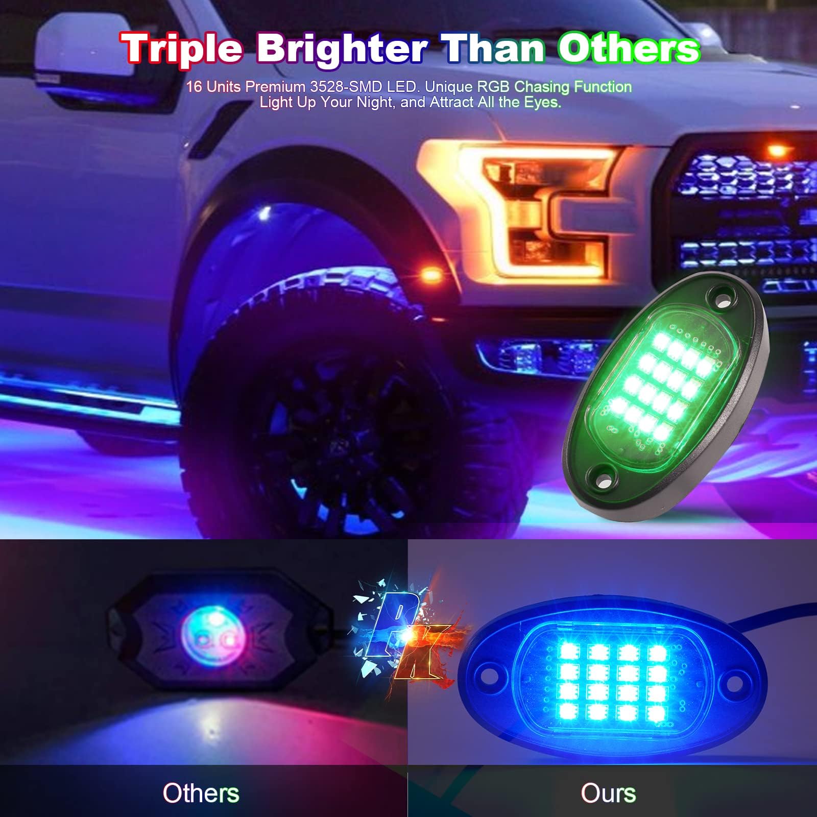 4 Pods Rgb Led Rock Lights For Atv Utv Golf Cart Truck Rzr Offroad Suv, Waterproof Multicolor Underglow Kit For Cars With App Mu