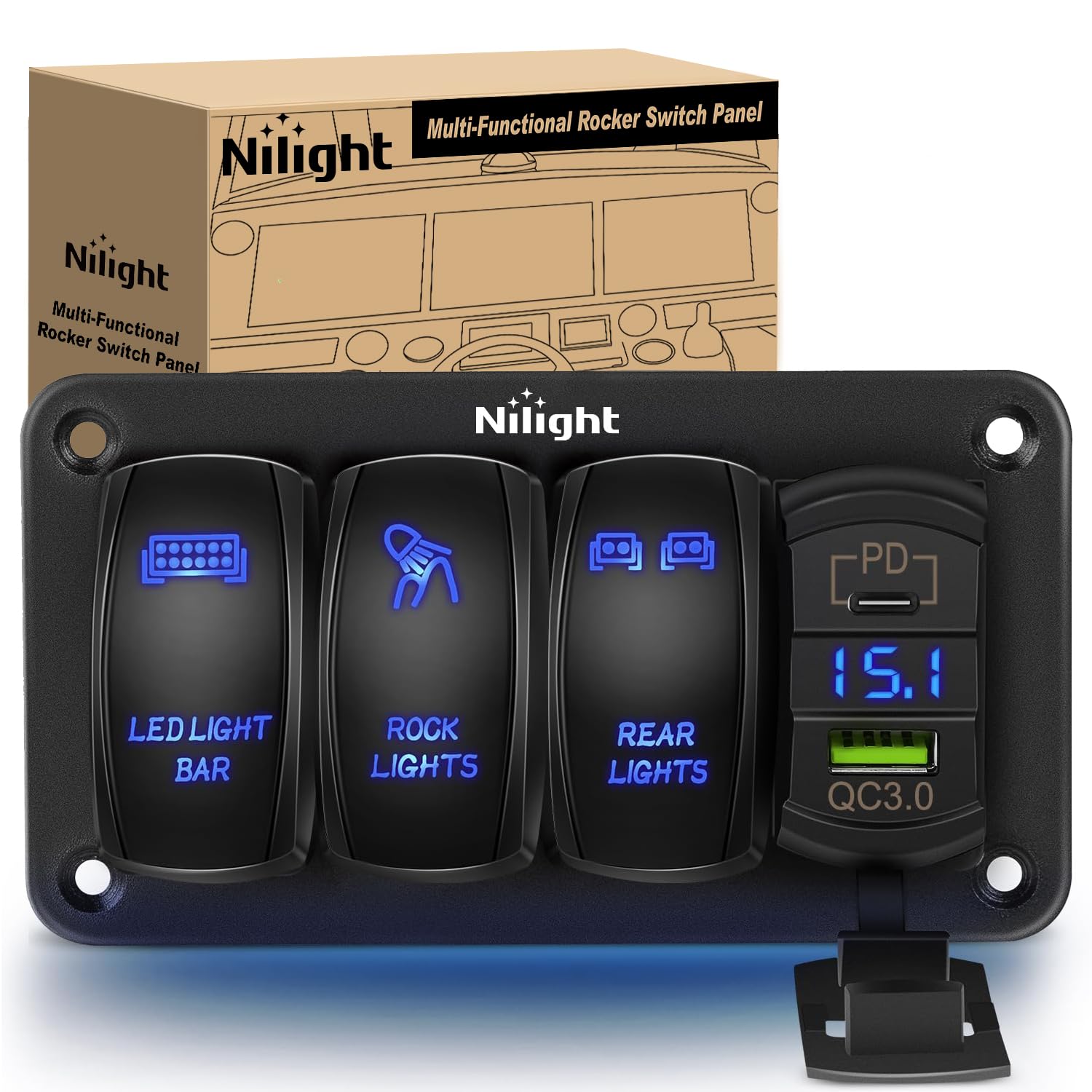 Nilight 3 Gang Rocker Switch Aluminum 12V 24V Laser Toggle Switch Panel Blue Pd Type C Usb Charger Voltmeter Led Light Bar Rock Lights Rear Lights For Car Truck Boat Rv