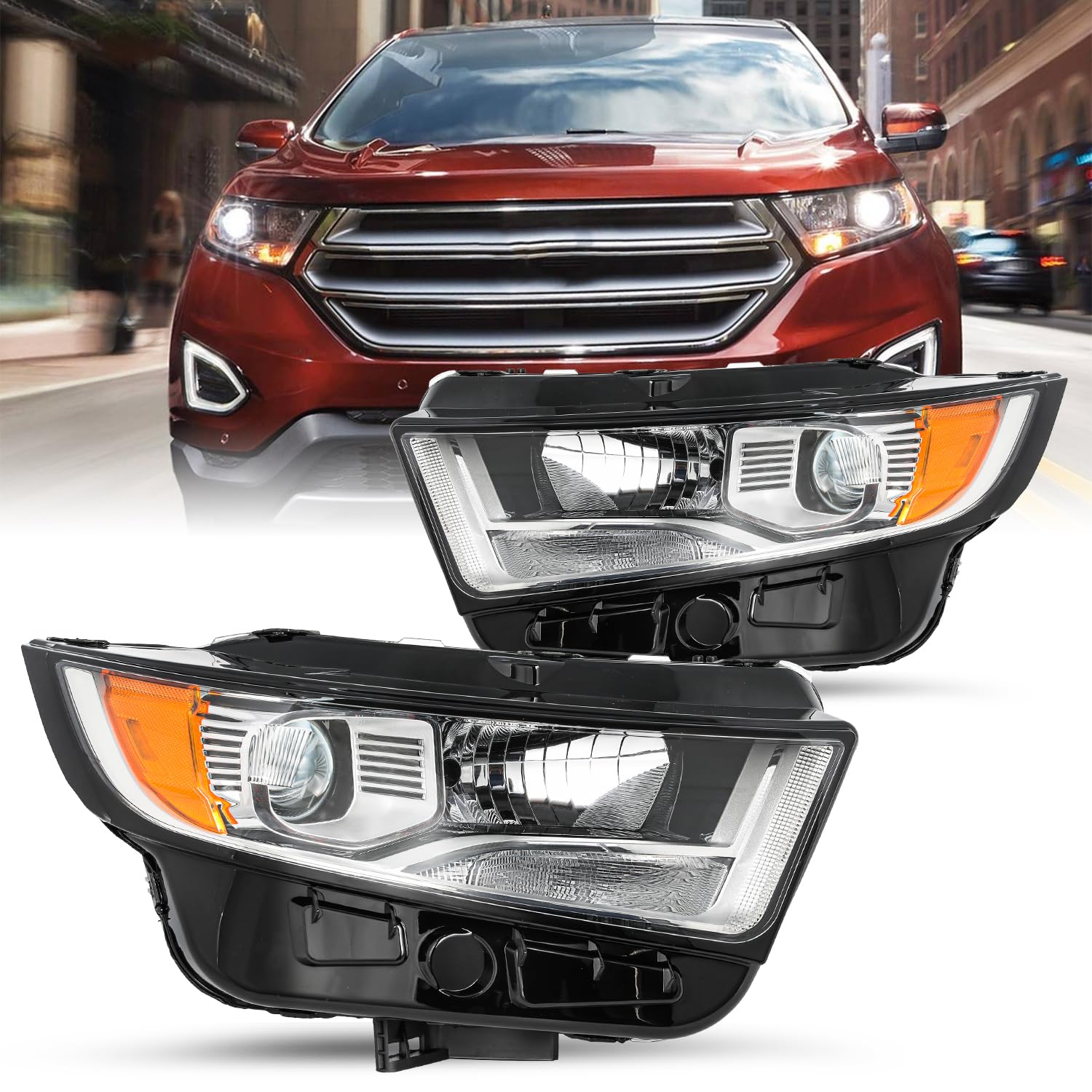 Jsboyat Headlights Fit For 2015 To 2018 Ford Edge Se/Sel/Sel Plus/Sport/Titanium Oem Projector Halogen Headlamp Assembly Left Driver&Right Passenger Side