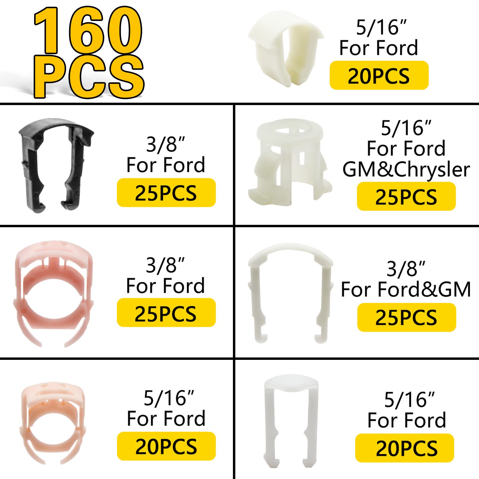 Shineyoo Fuel Line Retainer Clips 160Pcs, 3/8 & 5/16 Fuel Line Retaining Clip Assortment Kit For Ford Gm