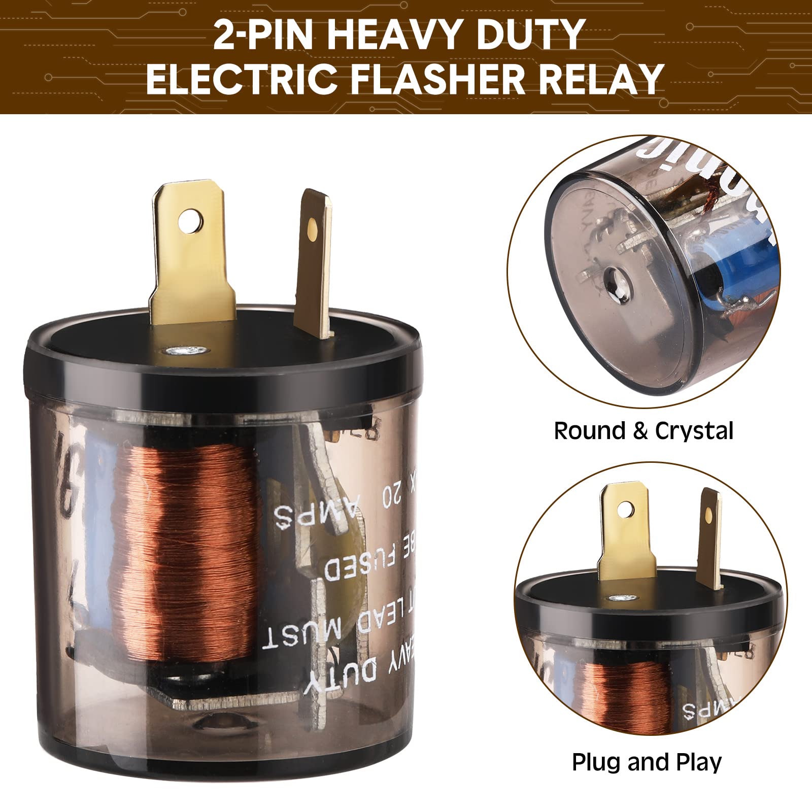 Reginary 4 Pcs 12V 2 Pin Electronic Led Flasher Relay Led Turn Signal Light Two Prong Round Heavy Duty 20 Amps Compatible Automo