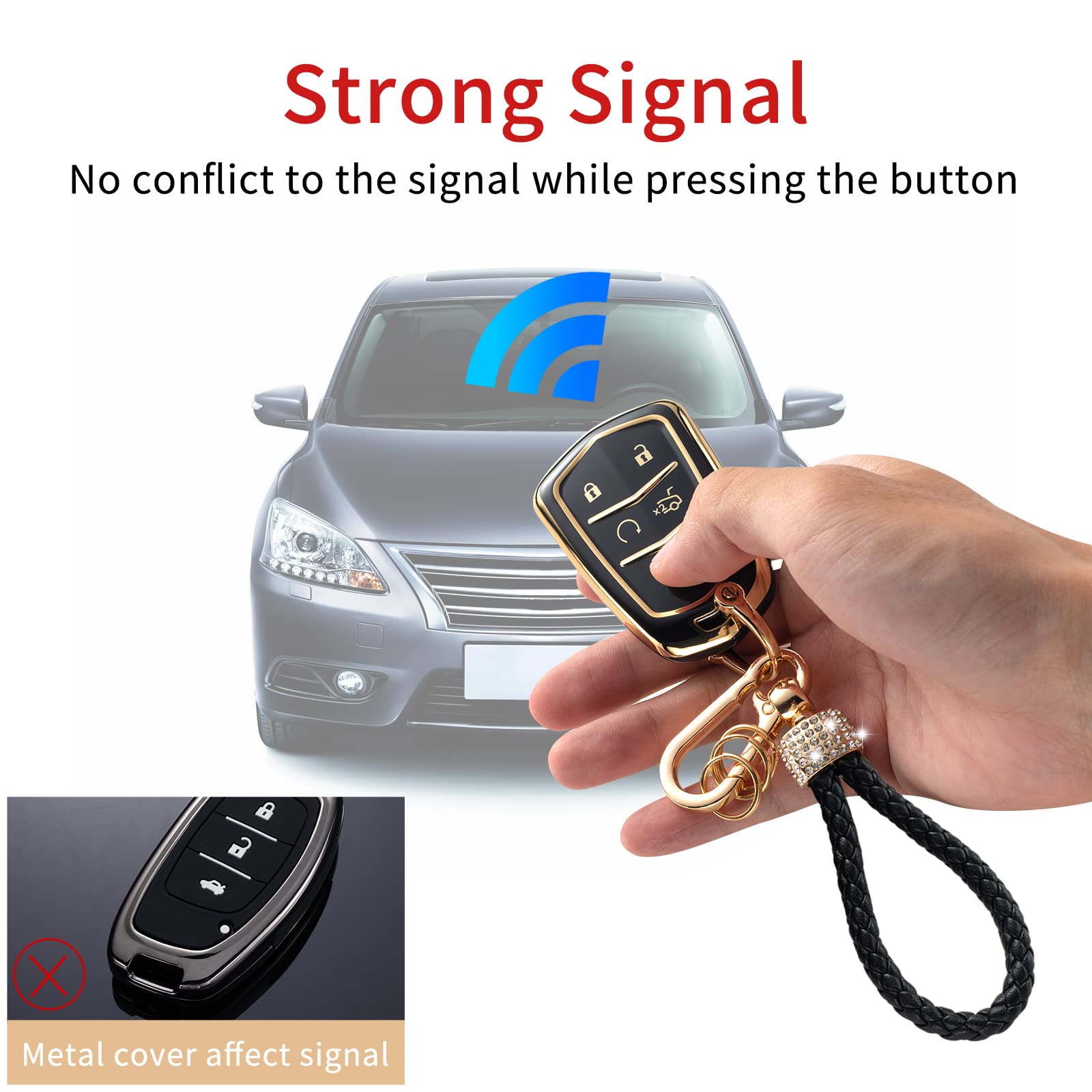 Gematay For Cadillac Key Fob Cover, Key Case Shell Compatible With Cadillac Escalade Cts Srx Xt5 Ats Ct6 5 Buttons Remote Smart