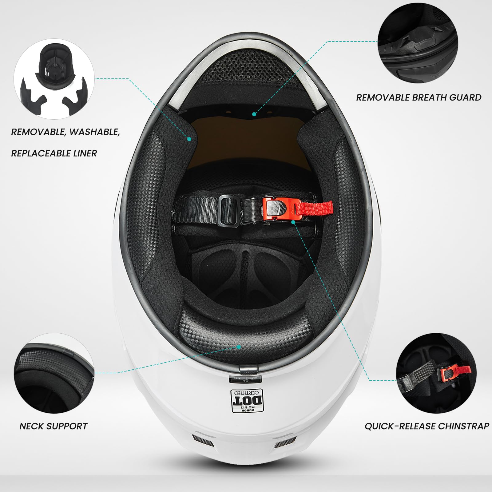 Auboa Full Face Motorcycle Helmets For Adults Men And Women Dot Street Bike Racing Helmet With Tinted Visor Model Md-813 (White,