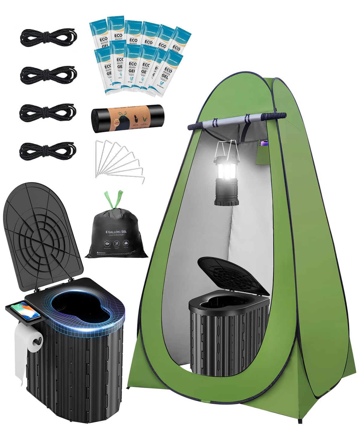 Portable Toilet with Privacy Tent Urine Gel & Leak-Proof Bags, Camping Lantern - Odorless Camping Toilet for Adults & Kids, Outd