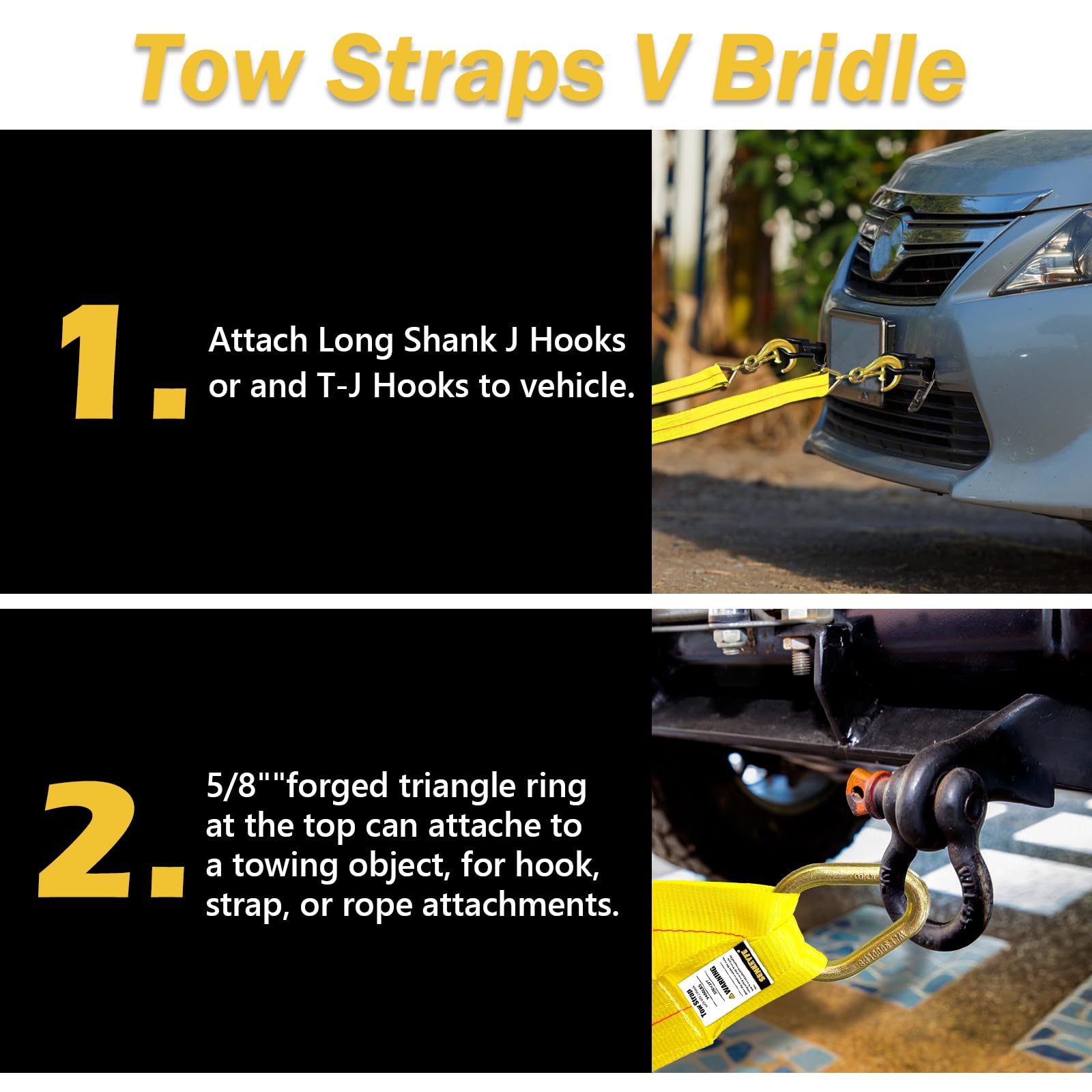 SENKEYFE Tow Straps V Bridle, 3'' x 36'' Recovery V-Strap with 8'' J Hooks and T-J Hooks, 5400LBS J Hook and Mini Datsun Recover