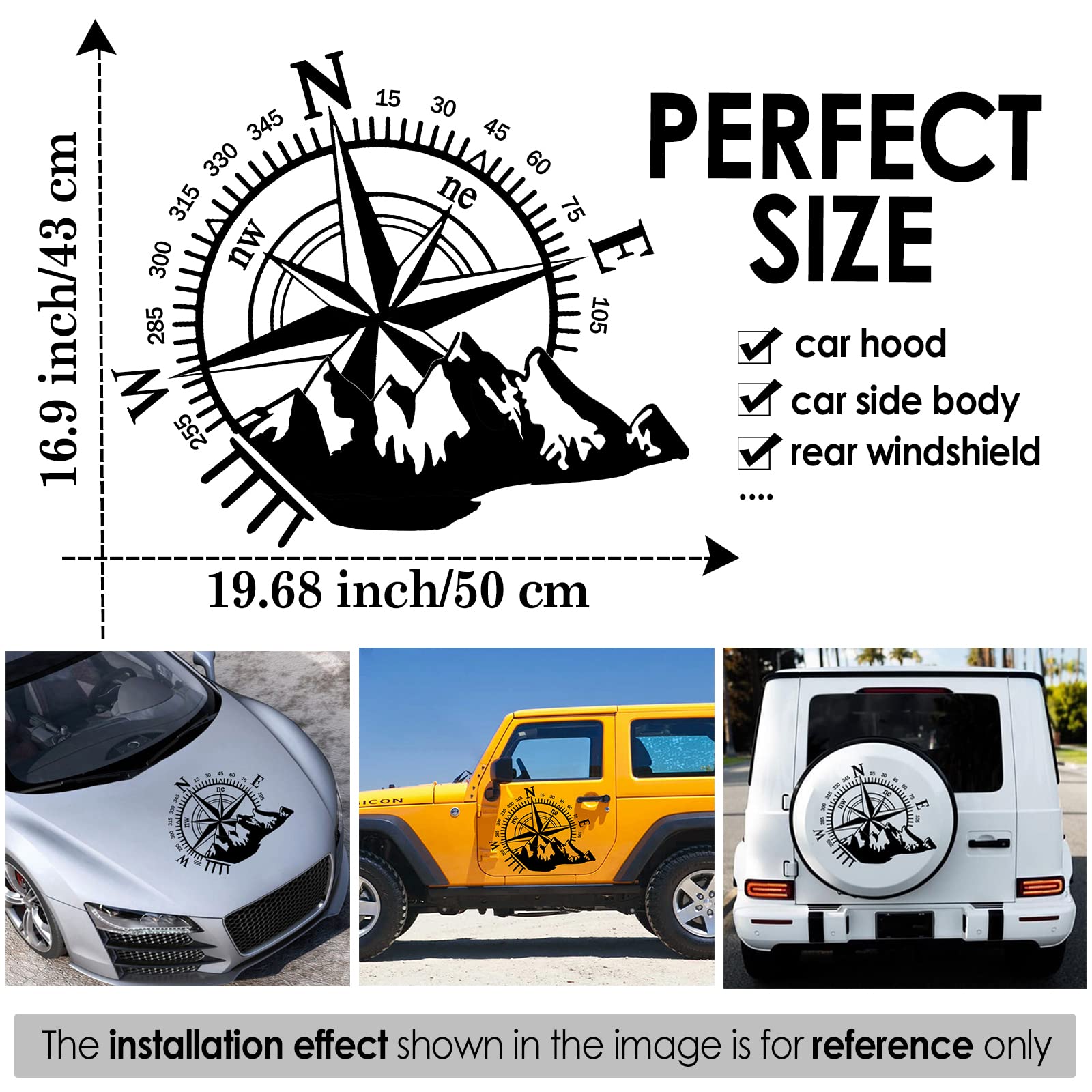 Fochutech Car Decals Compass with Mountain Hood Stickers Waterproof Vinyl Hood Decals Car Side Decals and Graphics Compass Hood Decals for RV Truck SUV Car Exterior Decoration 1 PCS (Black)