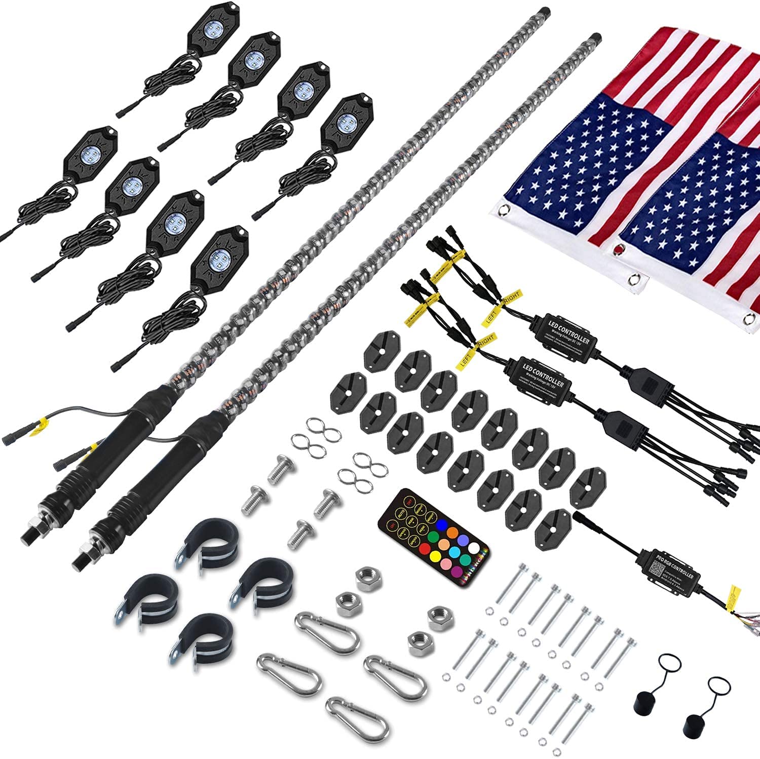 OHMU 2Pcs 3FT LED Whip Lights and 3rd-Gen Rock Lights Kit with Bluetooth and Remote Control 360 Spiral Chase RGB 8 Pods Neon Lig