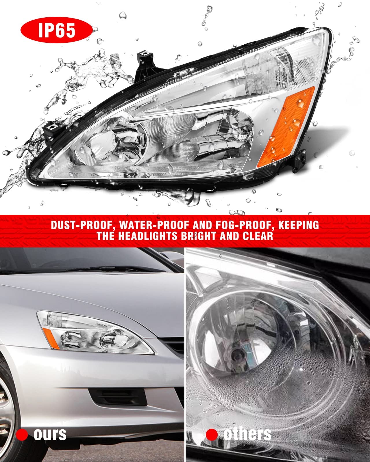 Adcarlights 2003 2004 2005 2006 2007 Accord Headlight Assembly For 2003-2007 Honda Accord 2/4Dr Clear Lens Chrome Housing With A