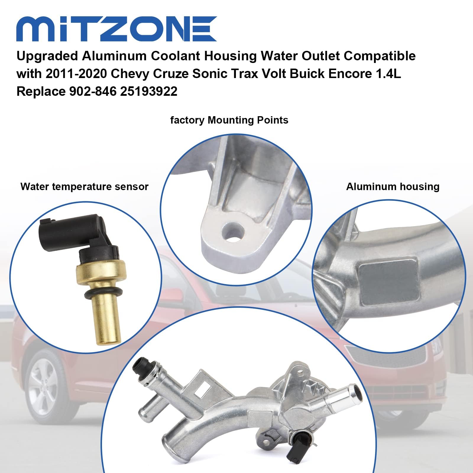 Mitzone Upgraded Aluminum Coolant Housing Water Outlet Compatible With 2011-2020 Chevrolet Cruze Sonic Trax Volt Buick Encore 1.