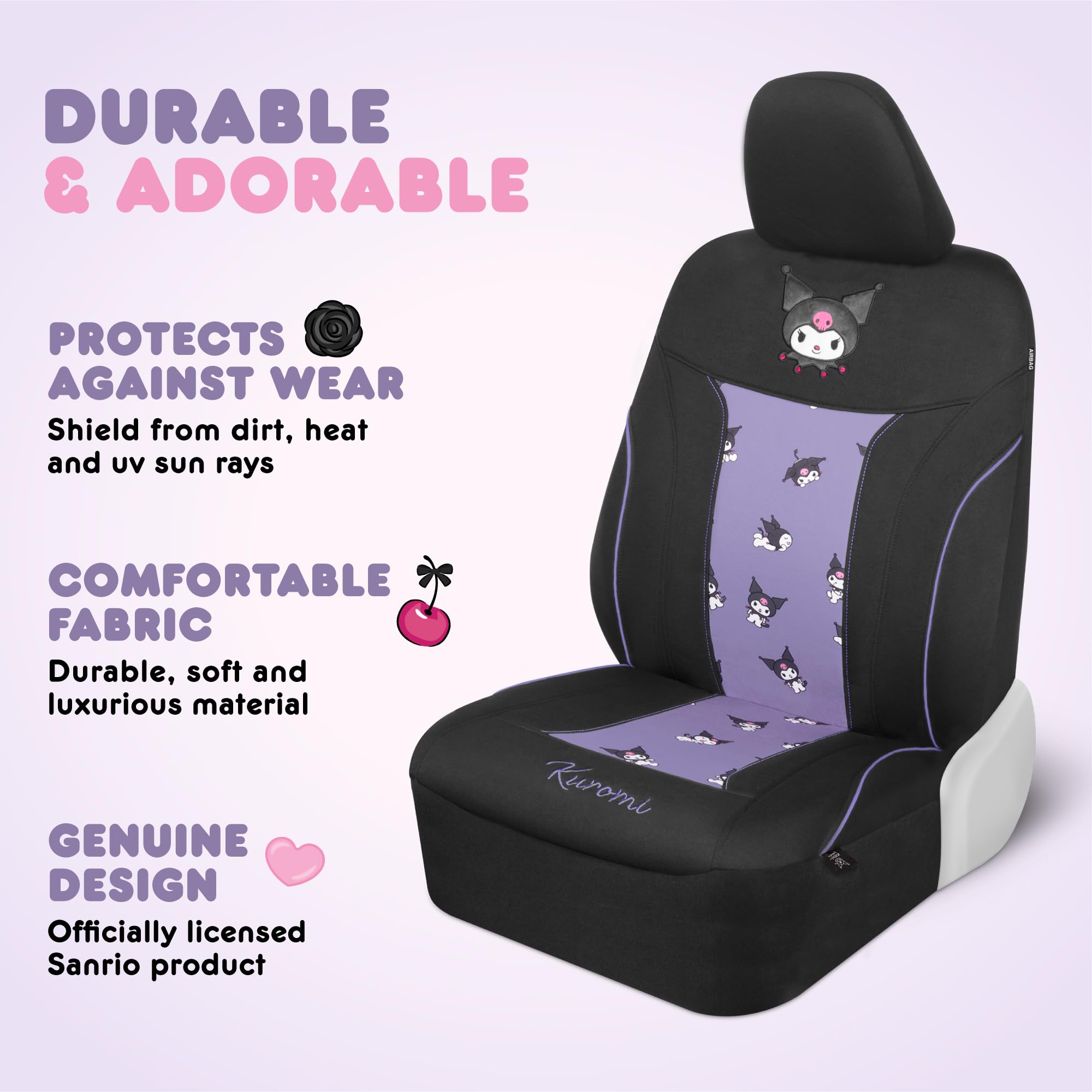 Hello Kitty Kuromi Car Seat Covers - Cute Black and Purple Front Seat Covers with Lavender Accents, Durable and Comfortable Poly