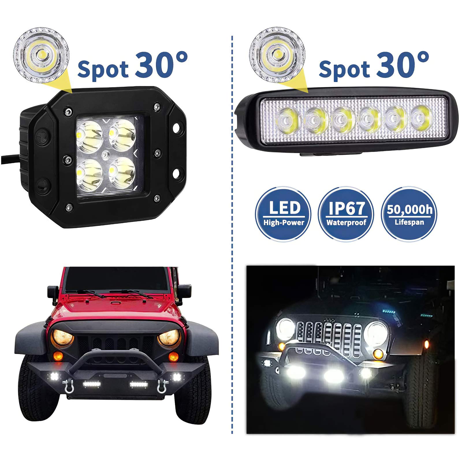 Ledkingdomus Front& Rear Bumper Compatible 07-18 Jeep Wrangler Jk &Unlimited Rock Crawler 4X Led Lights W/Winch Plate D-Rings, 2
