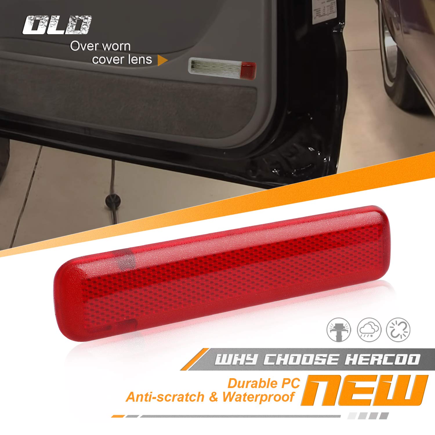 HERCOO Rear Door Trim Panel Reflector Light Cover, Red, Compatible with 2003-2007 GMC Sierra, Pack of 2, Models 15183155 15183156 743