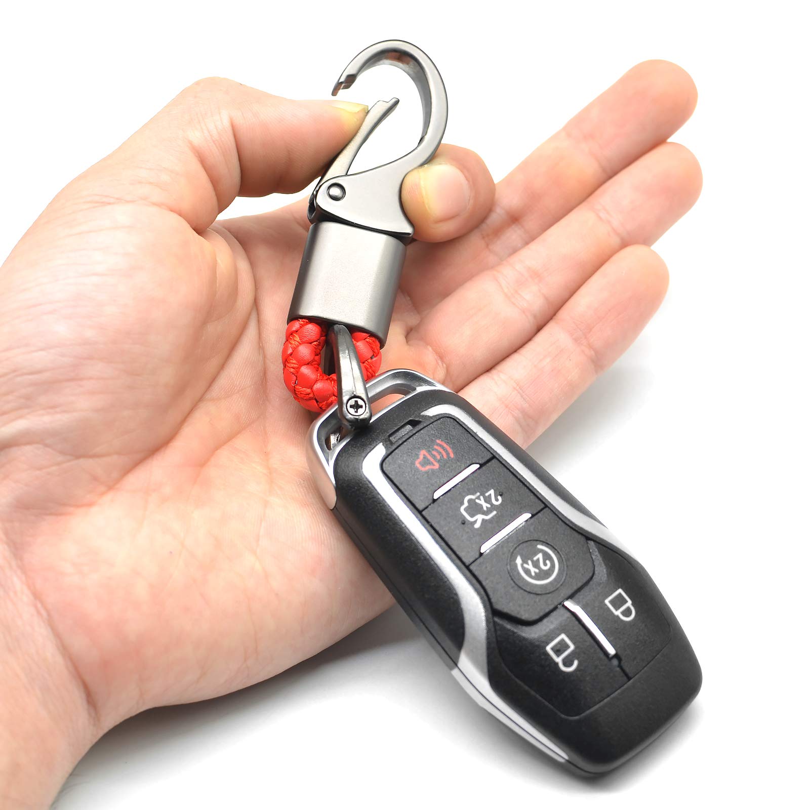 Eyanbis Car Key Fob Keychains Leather Holder Key Chain Sturdy Metal With D-Ring For Men And Women 2 Pack, Red, 360 Degree Rotata