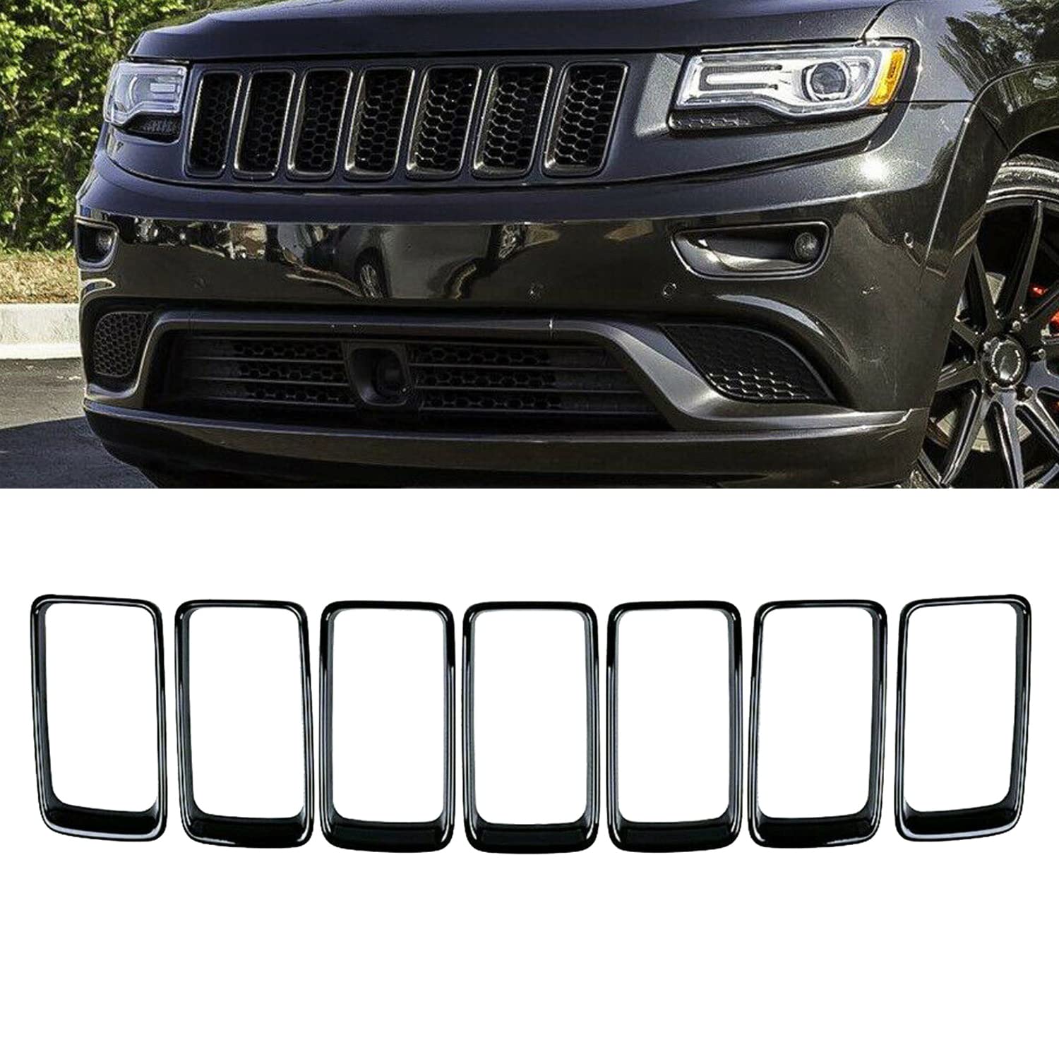 Kyyet 7Pcs Front Bumper Rings Grill Vent Insert Trim Cover Compatible With 2014 2015 2016 Jeep Grand Cherokee Gloss Black