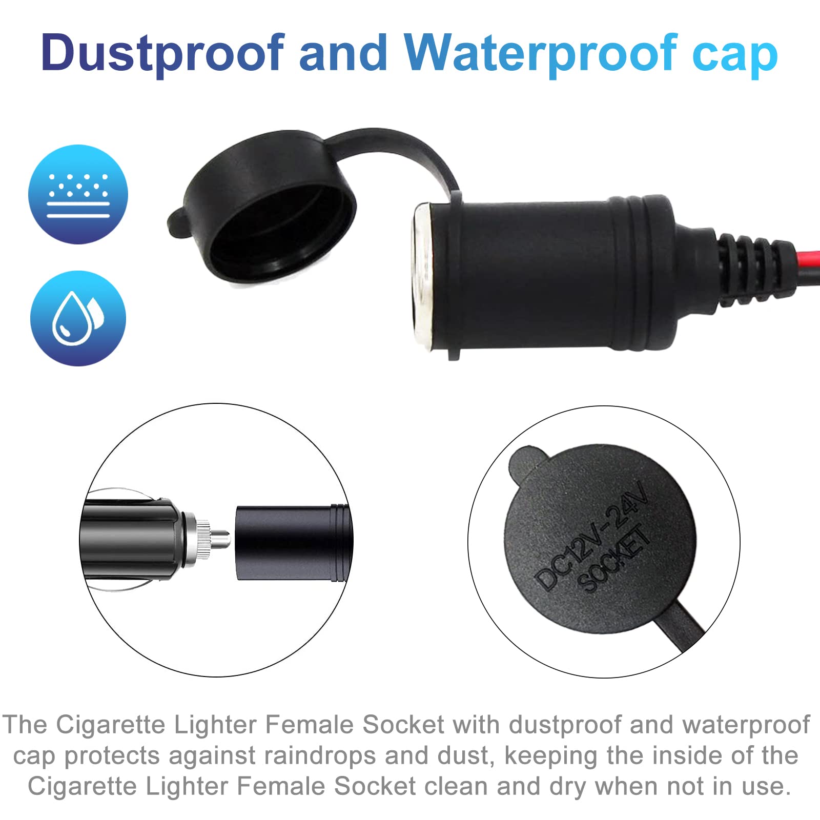 Rwujilong Upgraded Super Long Cigarette Lighter Extension Cord 26Ft Heavy Duty 14Awg - 12V/24V Extension Cord With Cigarette Lighter Plug Socket Built-In 20A Fuse & 1 * 20A Spare Fuse