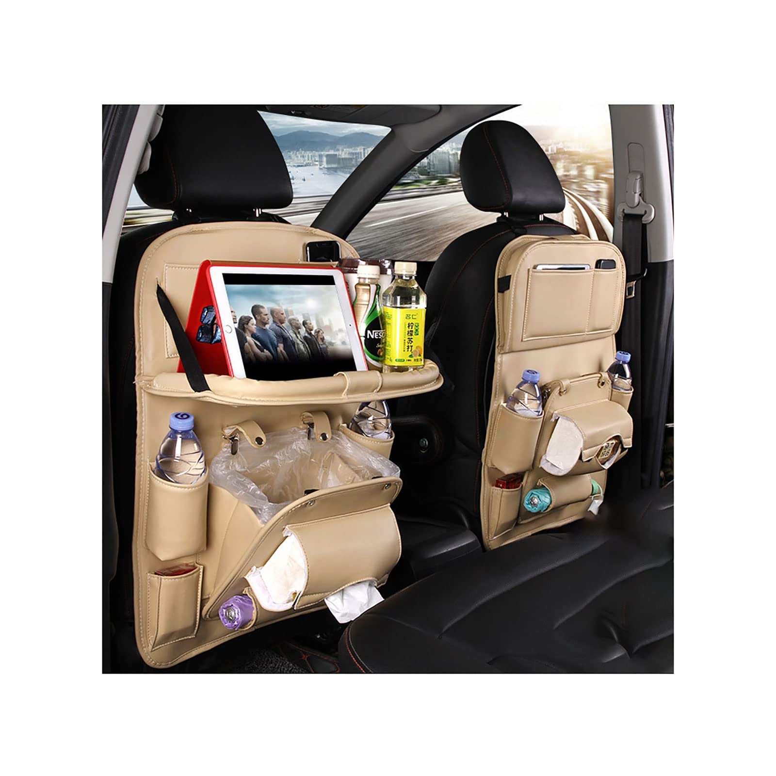 Appleya Leather Car Seat Back Organizer Tray Travel Car Storage Organizer Pad Bag with Foldable Table Car Trash Can Auto Accesso
