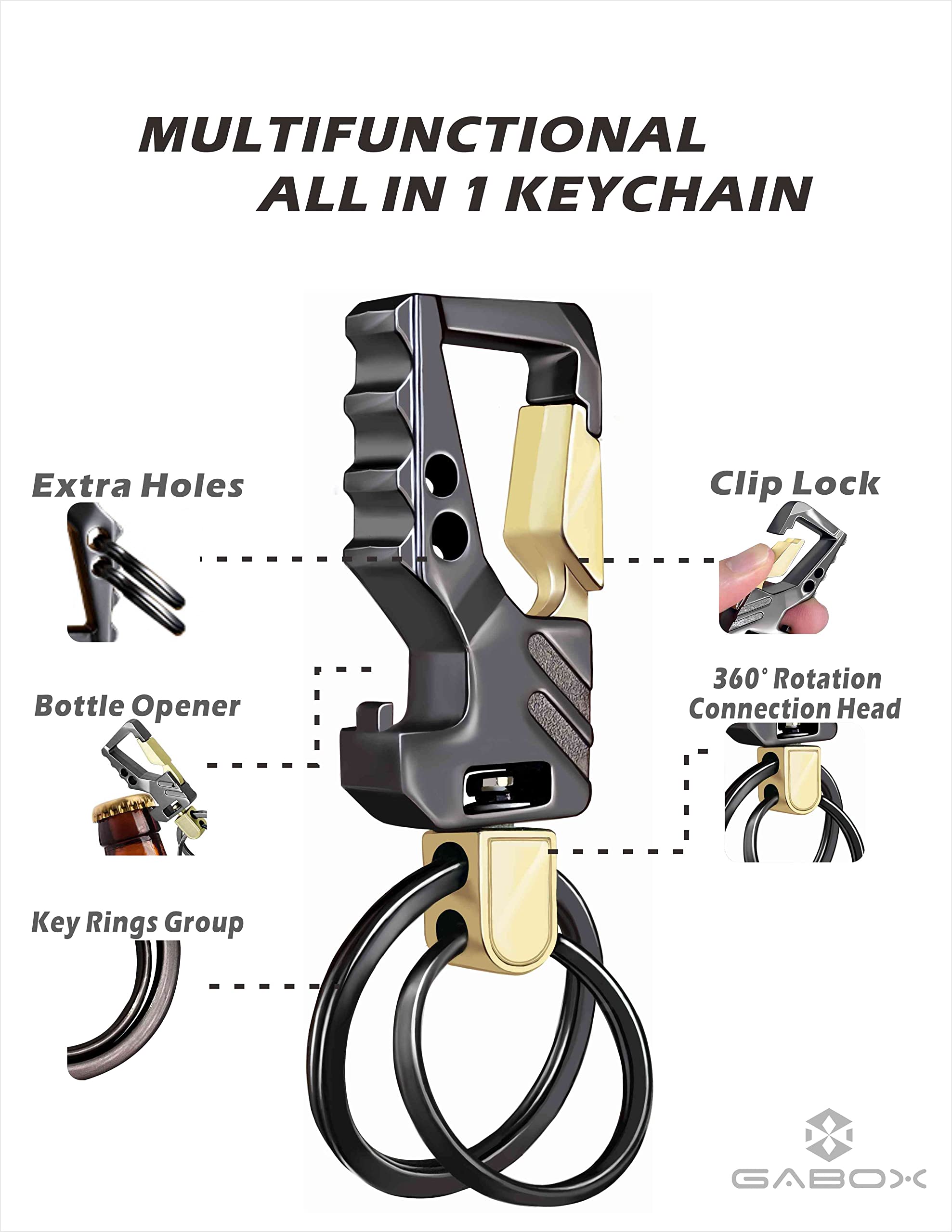 Gabox 2Pcs Key Chains Edc Key Rings Bottle Opener Keychain Car Keys Tactical Carabiner Keychain With Clip Llaveros De Hombre For Men And Women - Heavy Duty, Black Color
