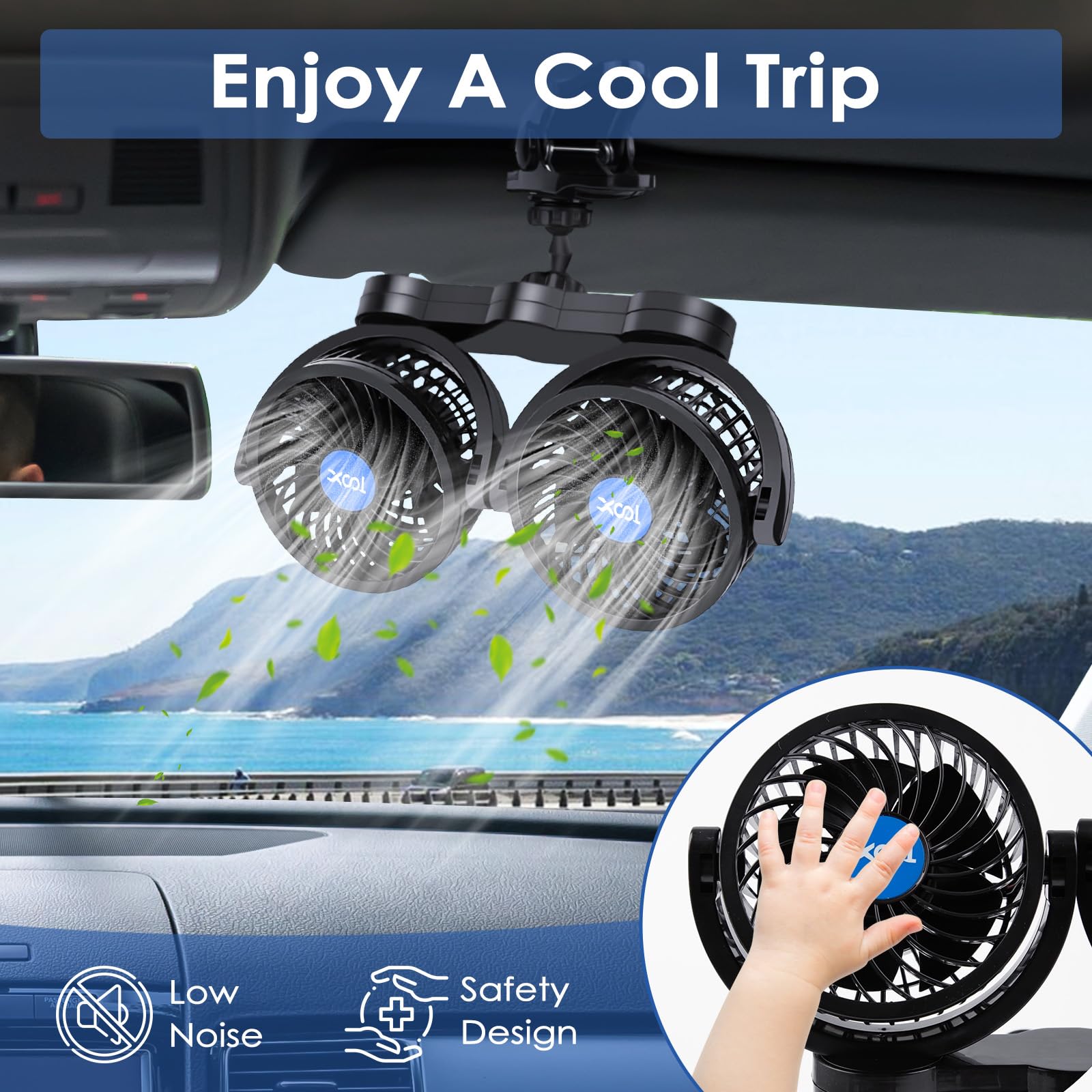 Xool Clip Car Fan, Adjustable Dual Head 4 Inches 12V Fan For Front/Rear Seat Passenger, 360 Rotatable Electric Car Cooling Fans