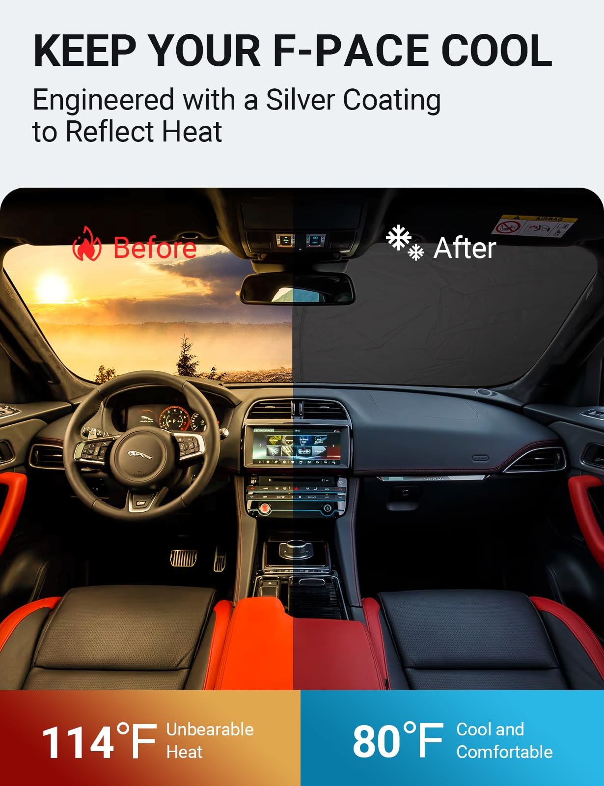 Proadsy Foldable Sun Shade for Jaguar F-Pace 2016-2025, Custom Fit Windshield Protector, White SUV Accessories